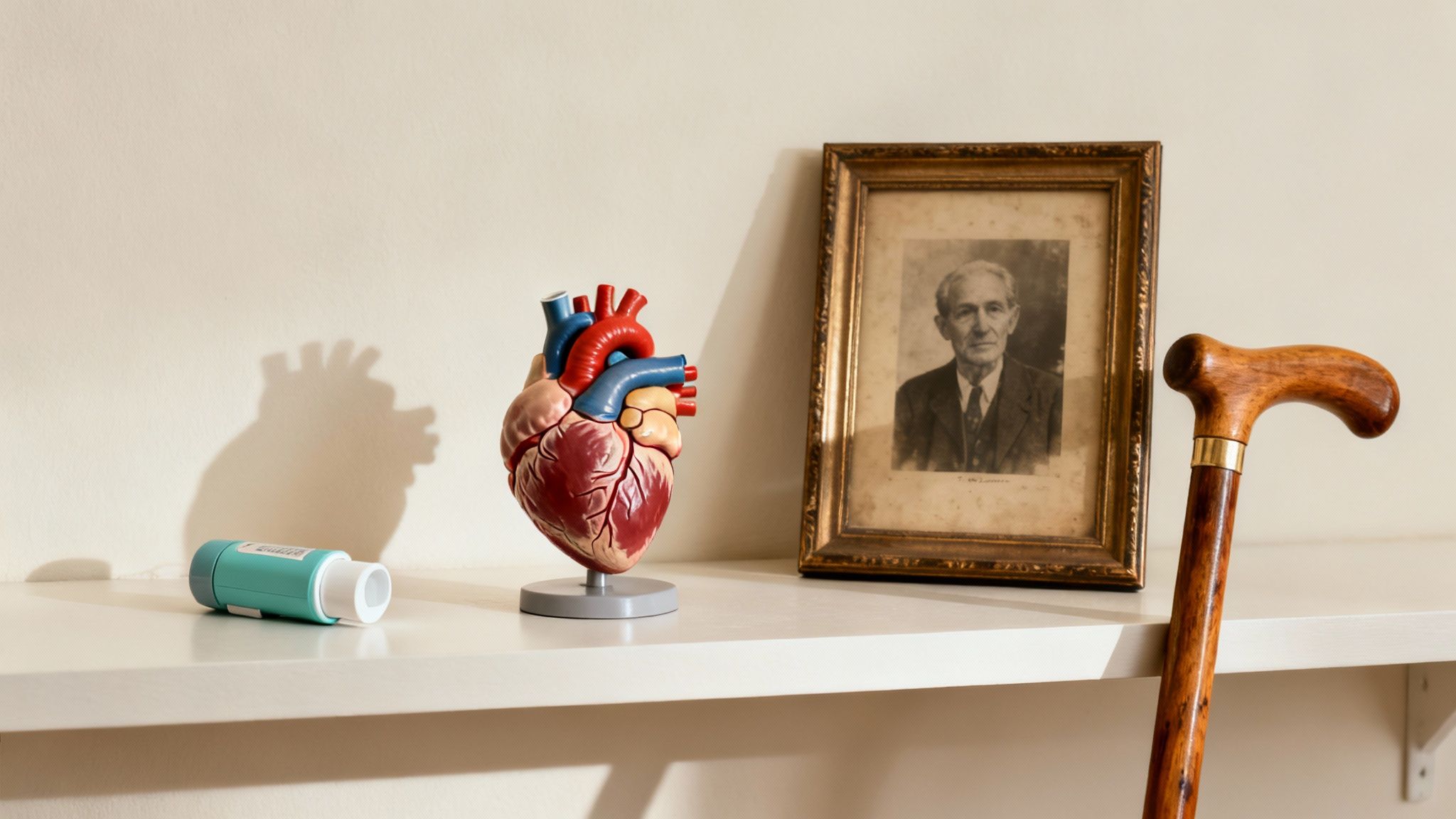 A shelf displays an anatomical heart model, an elderly man's portrait, a walking stick, and a medical device.