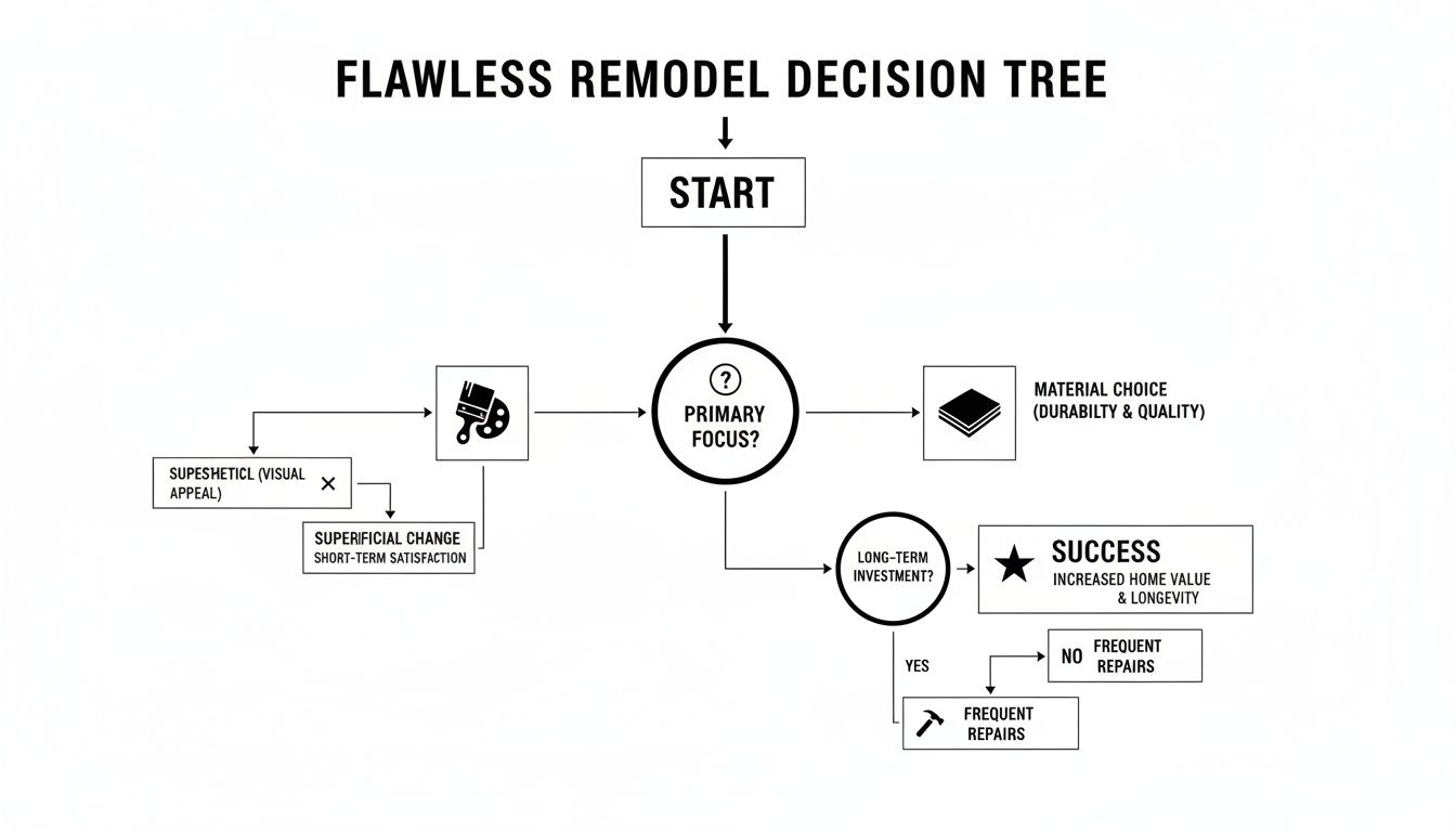 A flowchart illustrating the flawless remodel decision tree, contrasting superficial changes with long-term investment for success.