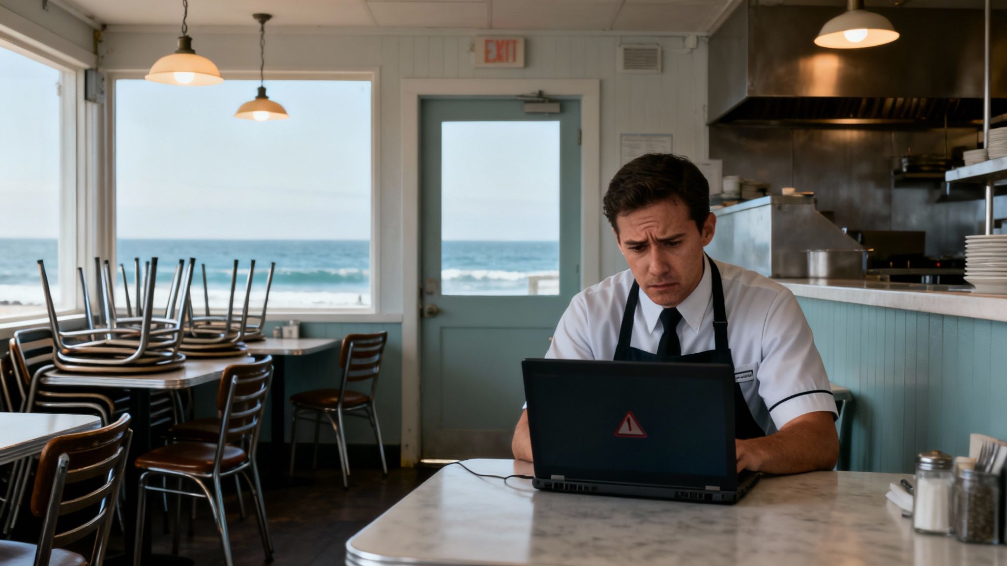 A worried waiter works on a laptop in an empty seaside diner with stacked chairs.