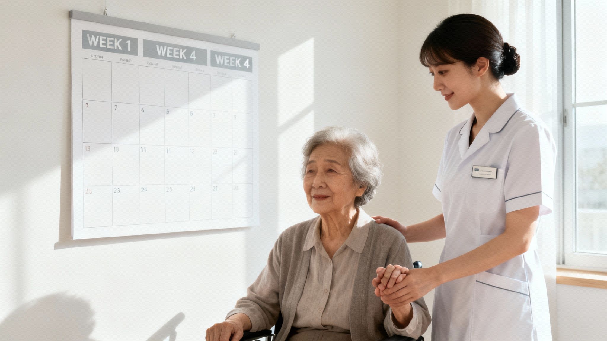 A family member holds the hand of an older patient, both smiling warmly in a comfortable home setting.