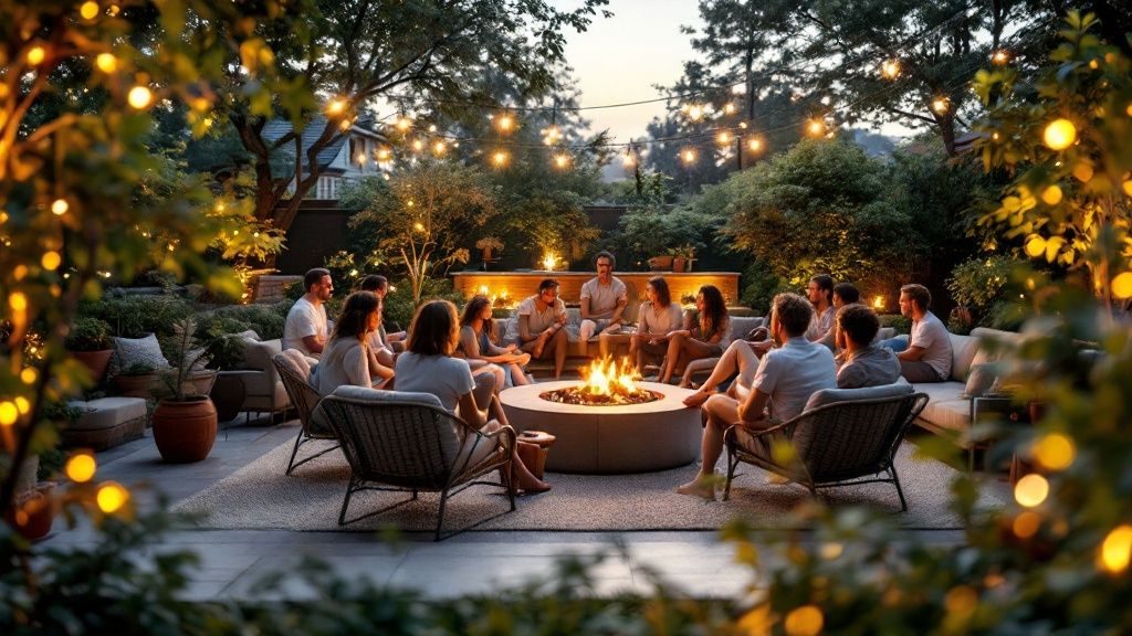 A beautiful hardscape patio with integrated lighting and audio, showcasing a seamless design by Kennedy Design + Build.