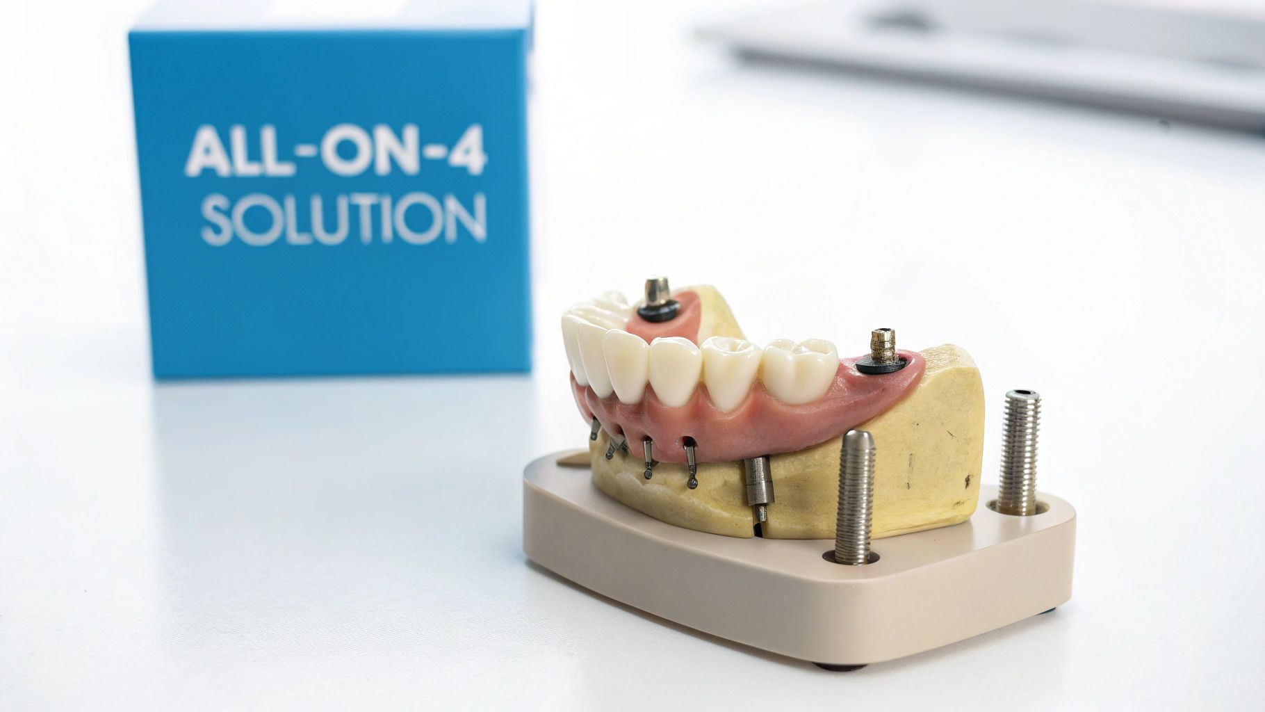 A close-up of a dental model displaying an All-On-4 solution with prosthetic teeth and implants, next to a blue box.