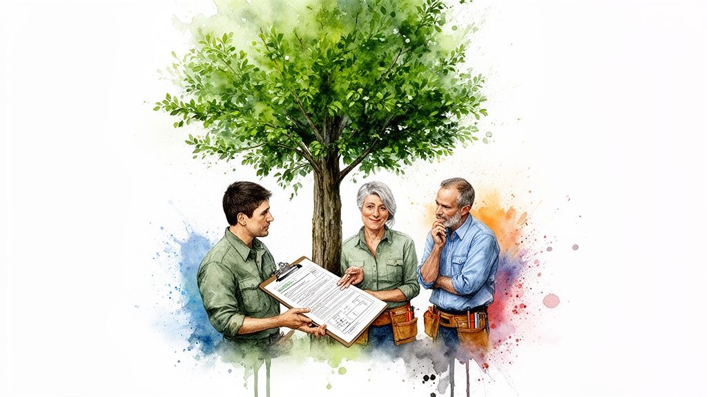 Three arborists, two men and one woman, discuss a tree service document under a lush green tree.