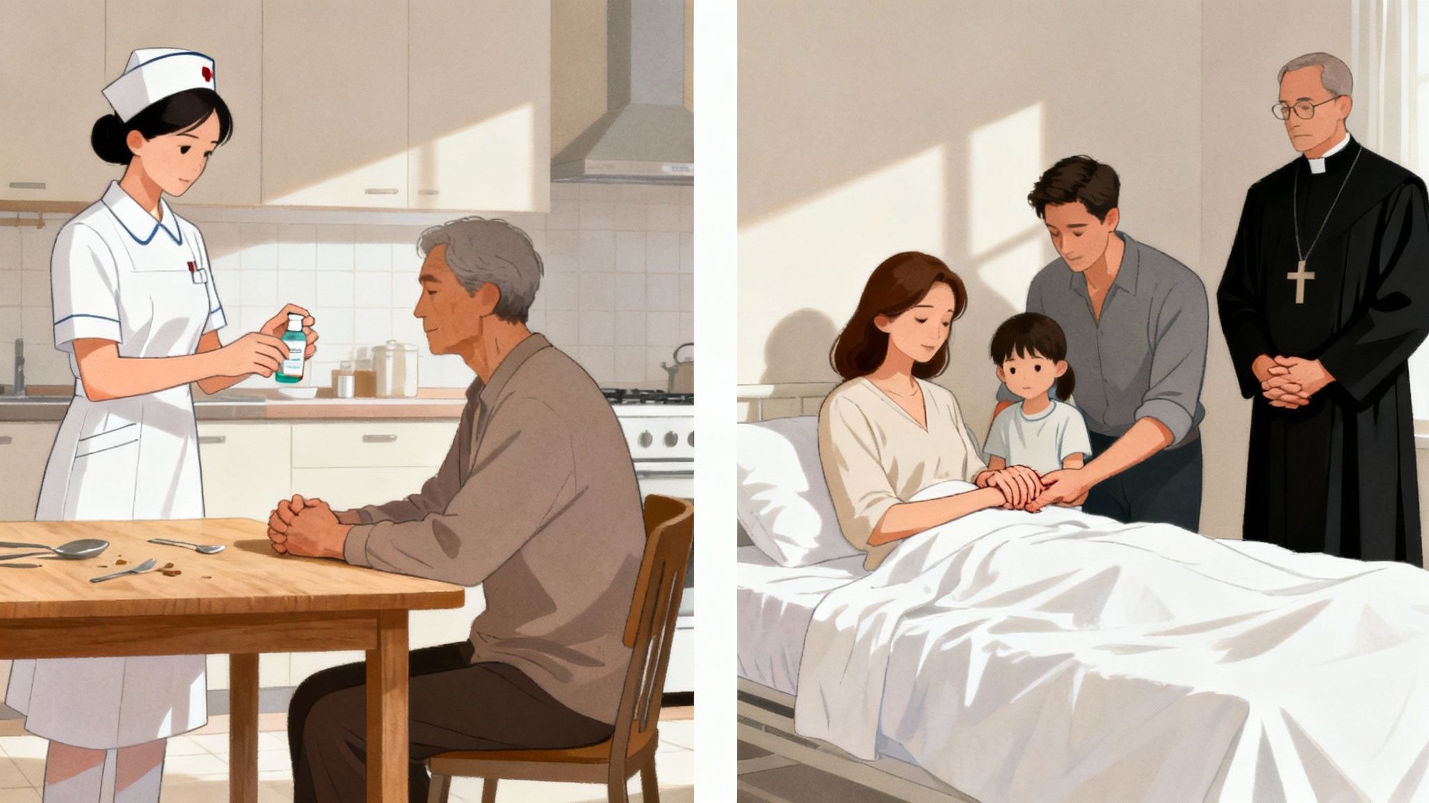 A caring nurse provides comforting care to a patient at home.