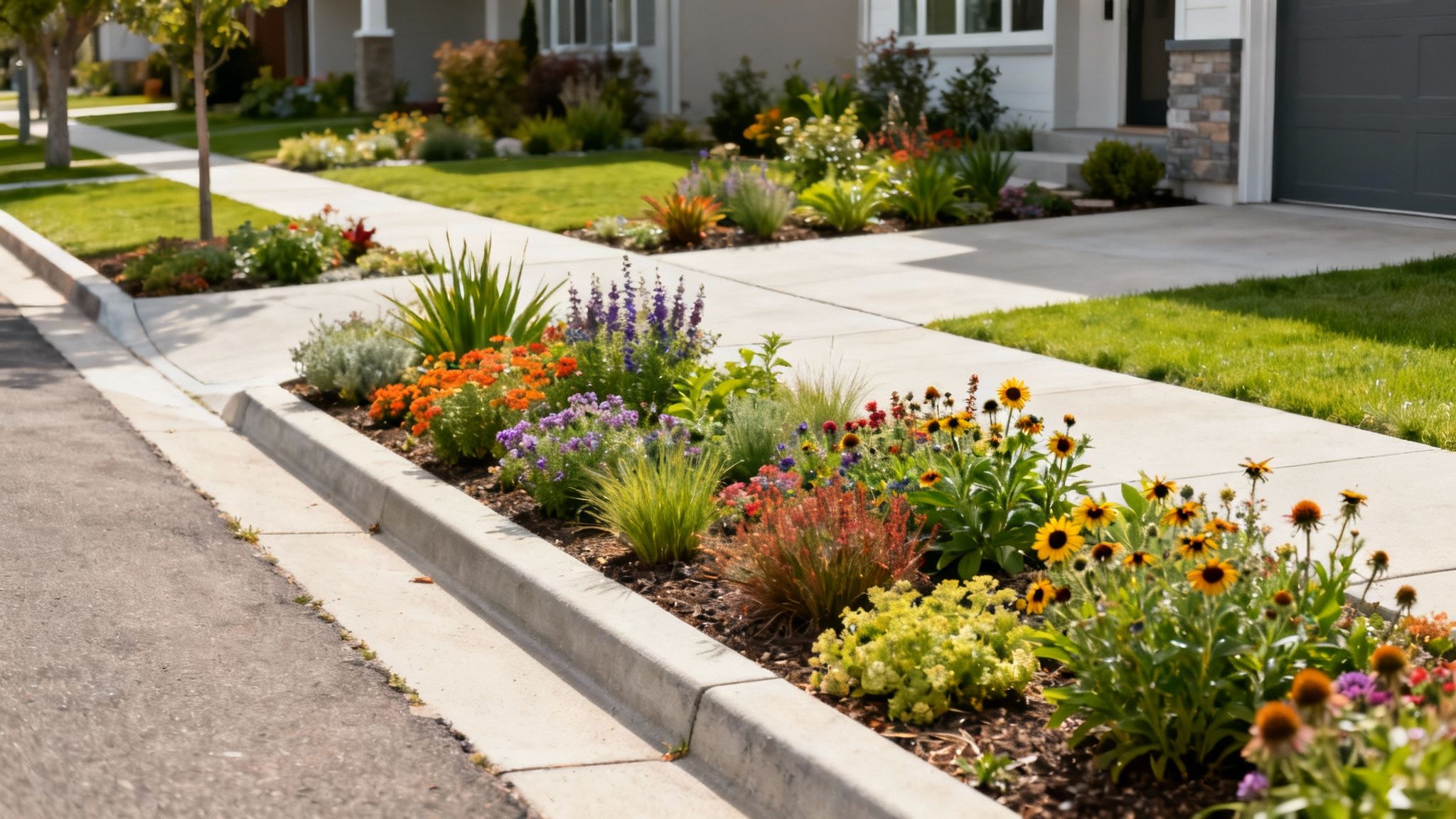 A beautifully landscaped front yard with a stone walkway leading to the front door, showcasing excellent curb appeal.