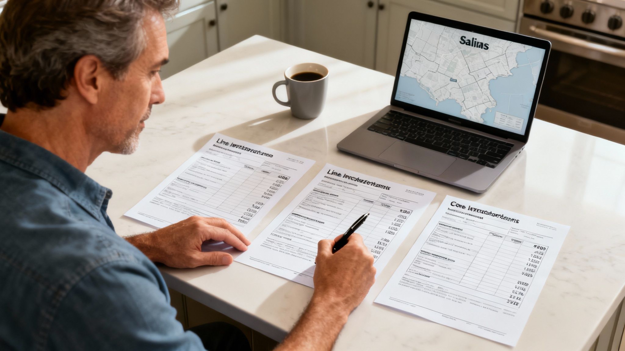 A contractor and homeowner reviewing a detailed construction quote on a clipboard.