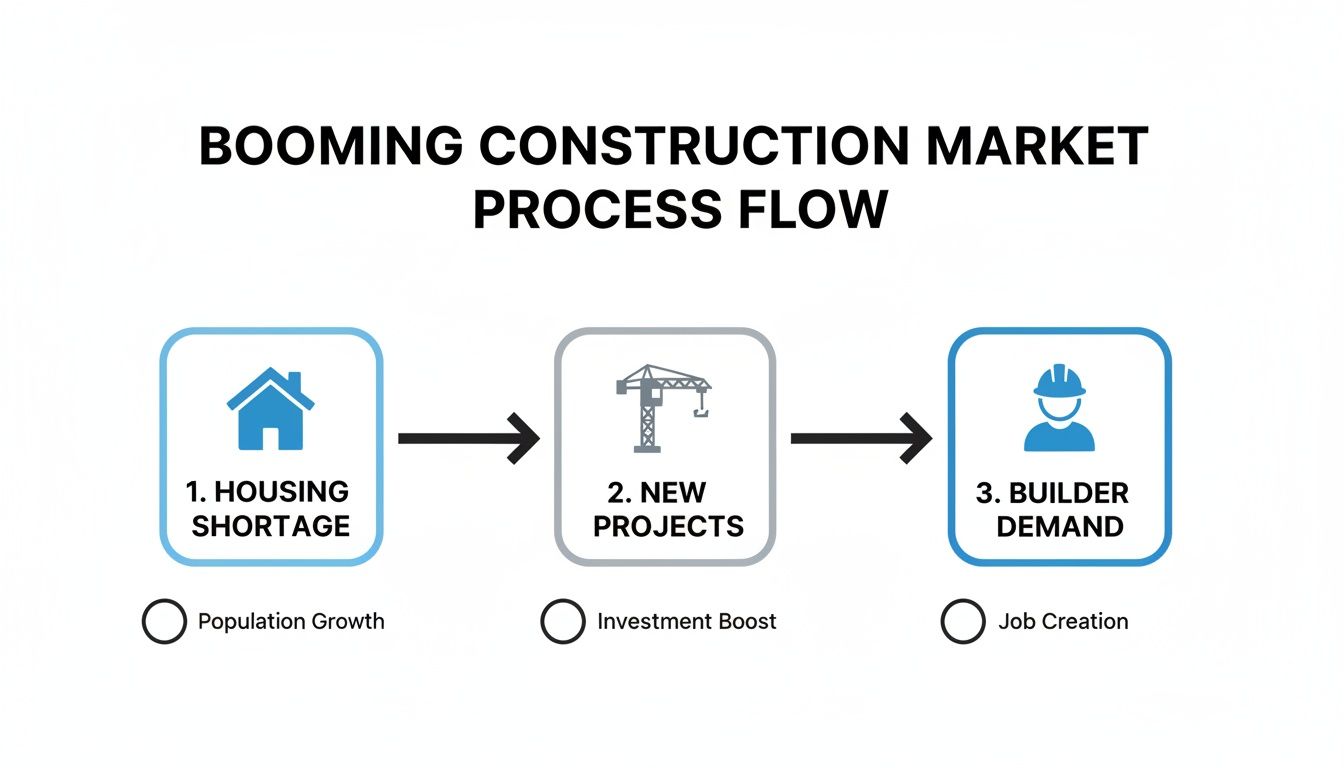 Process flow diagram illustrates how housing shortage leads to new construction projects and builder demand.