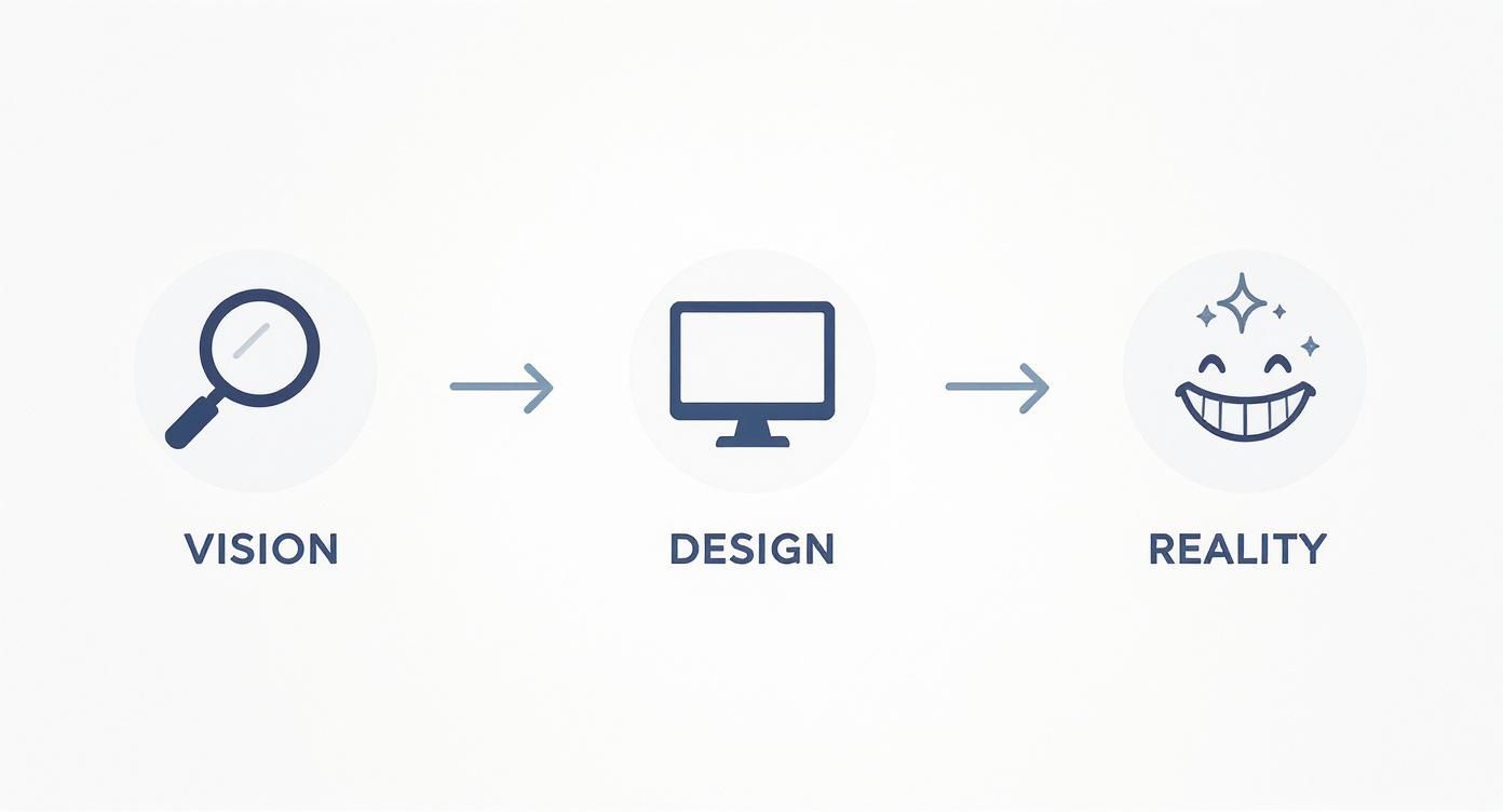 Three-step workflow diagram showing vision, design, and reality stages with magnifying glass, computer monitor, and smiling face icons