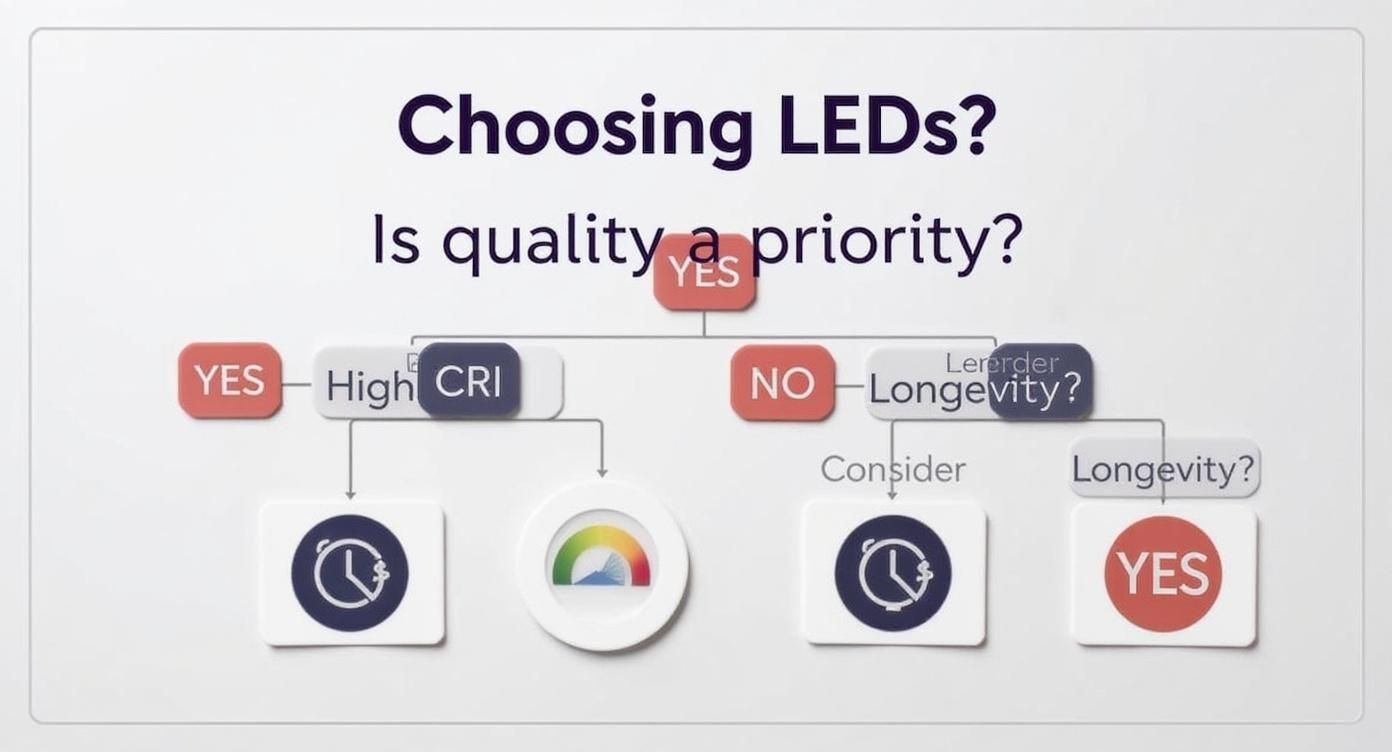 Infographic decision tree for choosing LEDs, starting with quality as a priority leading to high CRI, and then considering longevity and energy savings.