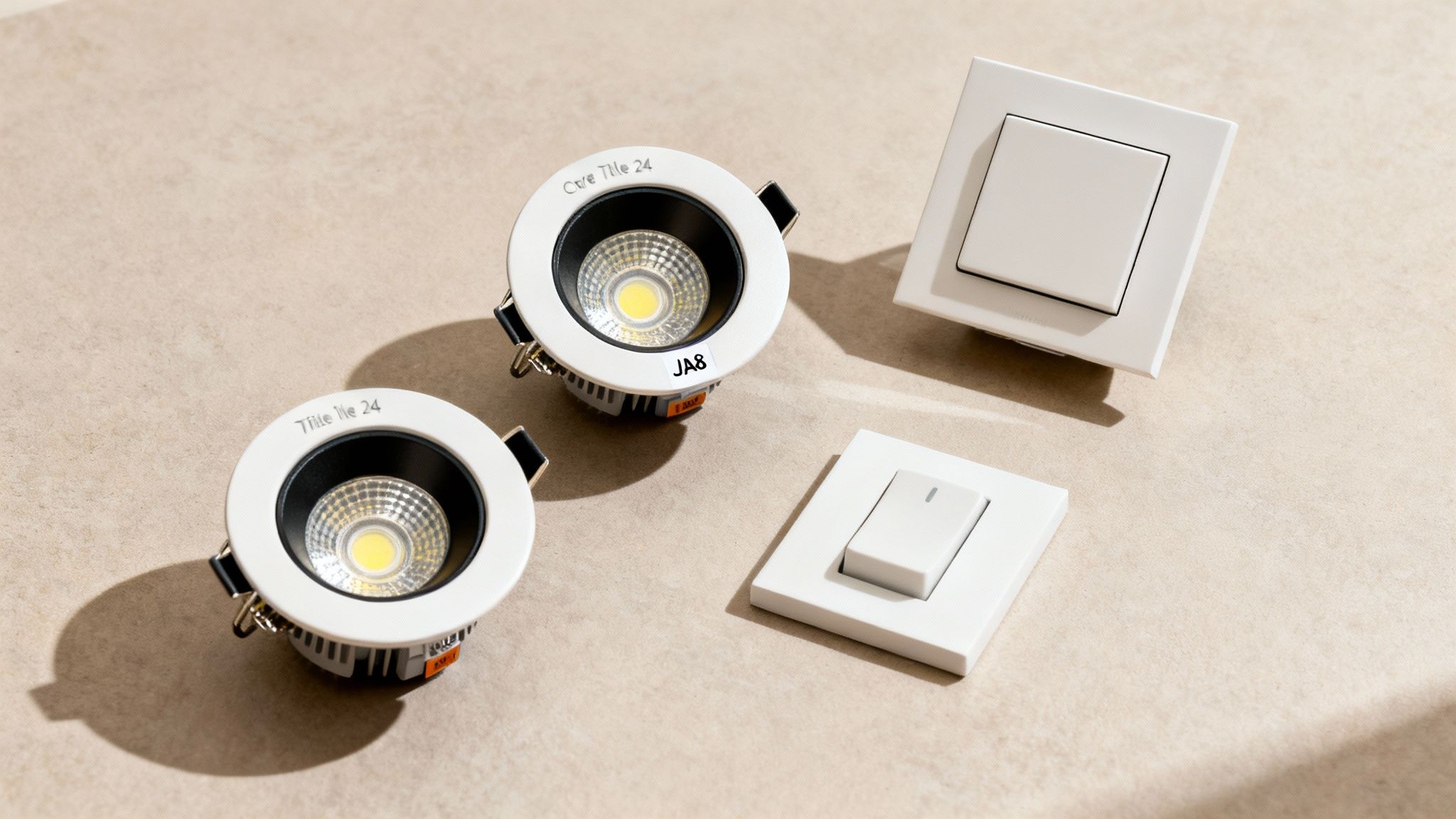 Two white recessed LED downlights with light sources and two modern white light switches on a textured beige surface.