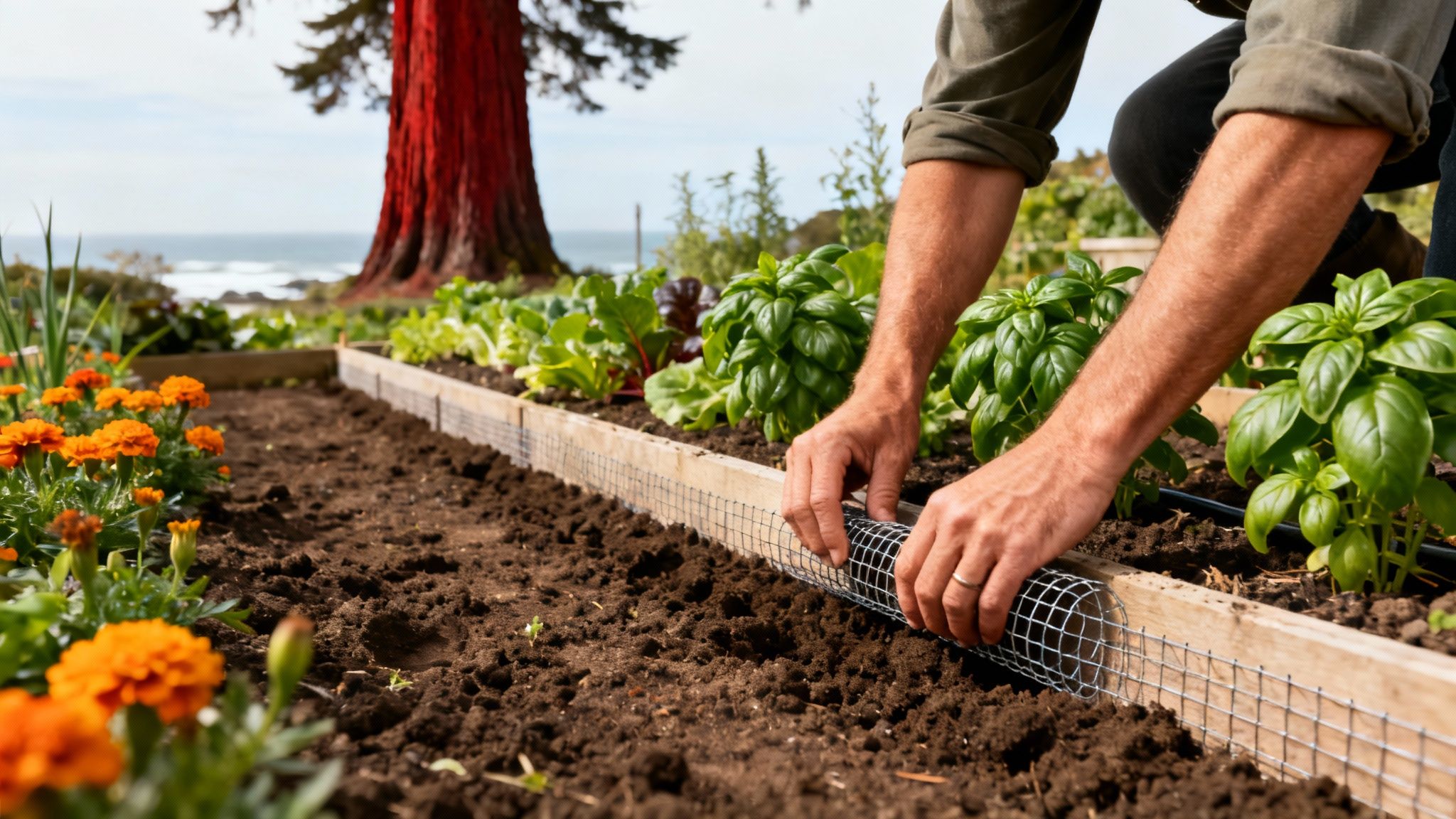 Person installing wire mesh gopher barrier in raised bed vegetable garden near ocean
