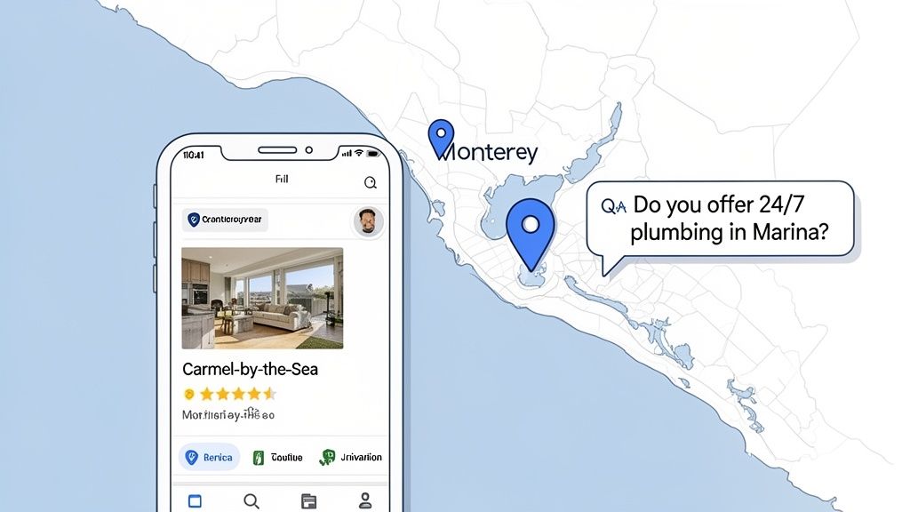 A map of Monterey Bay with a phone showing local search results and a plumbing inquiry.