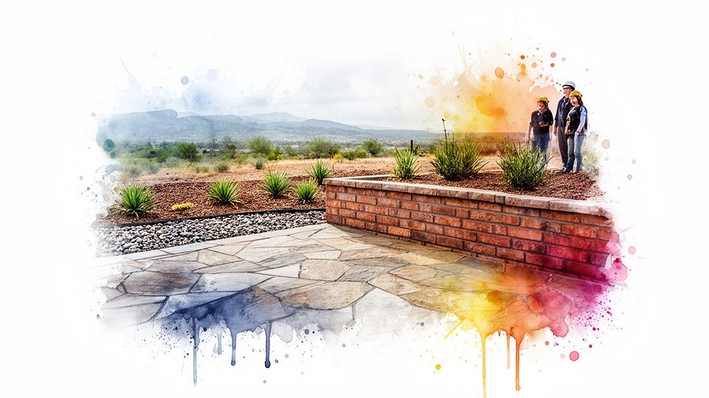 Three people in hard hats stand on a flag<a href=