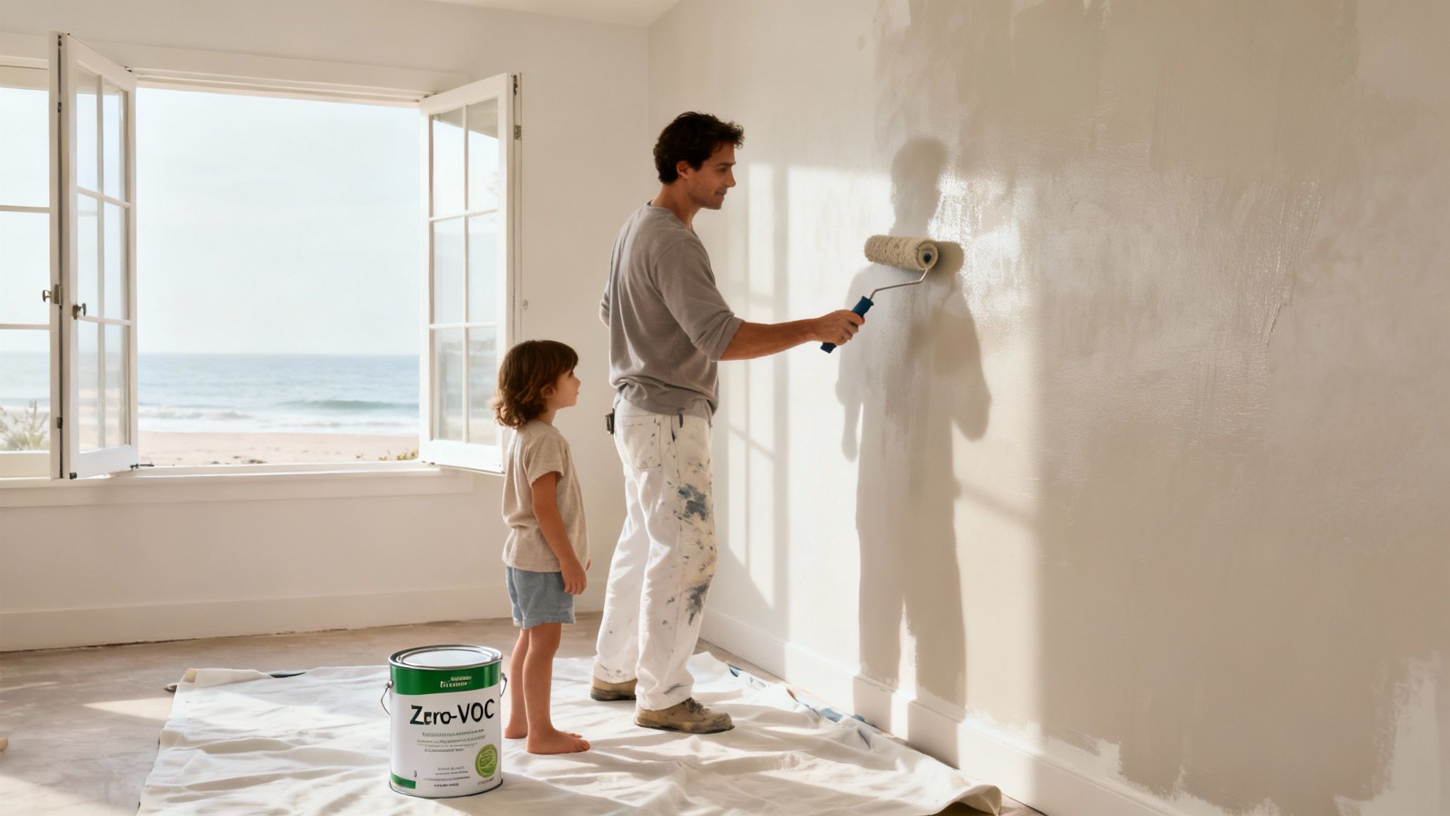 A painter applying eco-friendly paint to a wall in a home.