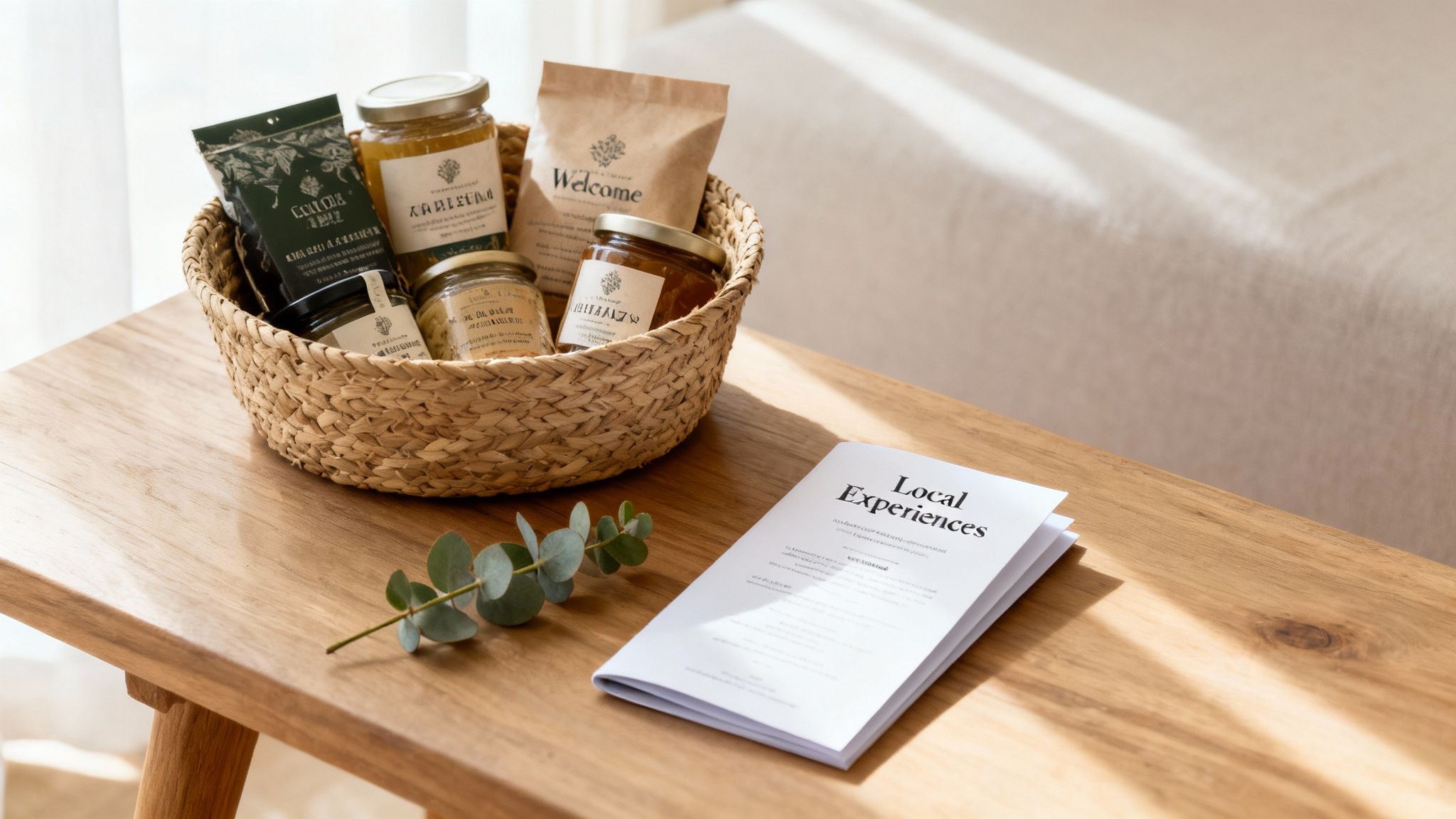 A woven basket filled with local products like jams and pouches, next to a 'Local Experiences' brochure.