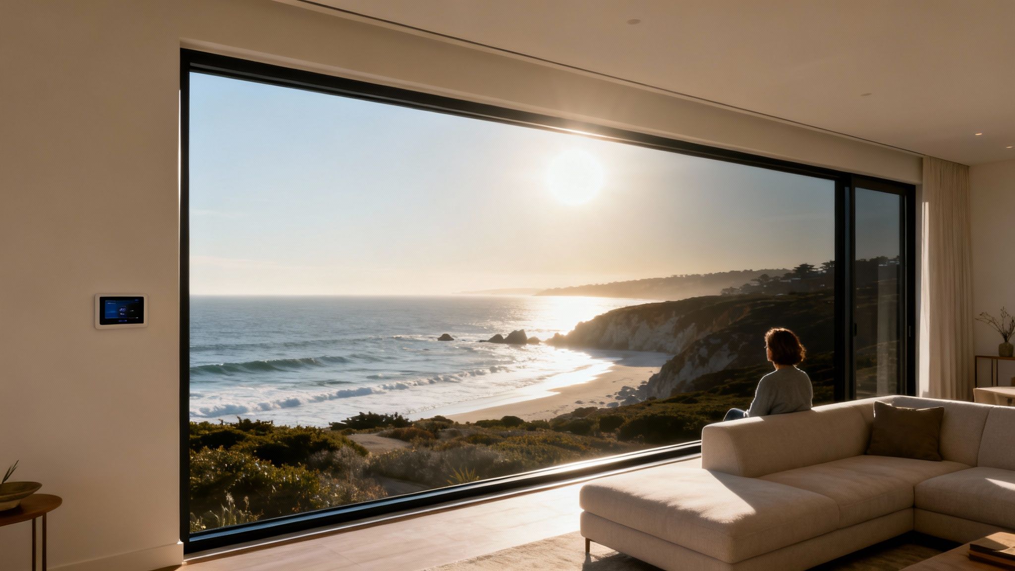 A person enjoys a vibrant ocean sunset view from a modern living room through a smart window.
