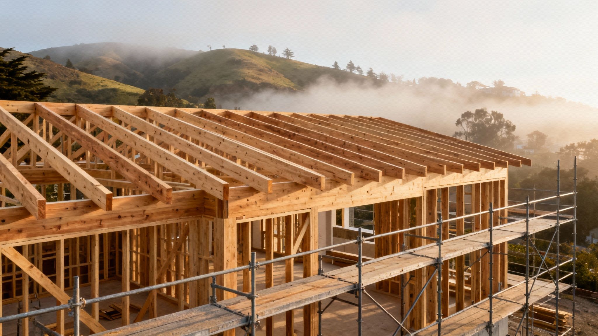 A stack of freshly cut lumber at a lumberyard, showcasing different wood grains and textures.