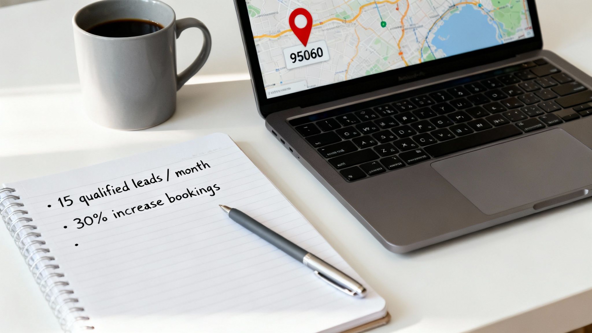 A workspace showing a laptop with a map and zip code, a coffee mug, and a notepad listing marketing objectives.