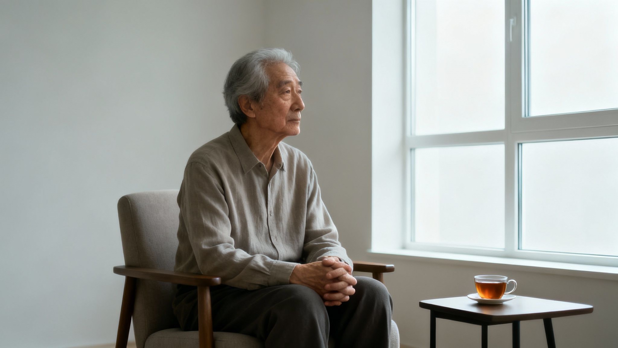 An elderly Asian man with gray hair sits quietly, looking out a large window, with a cup of tea nearby.