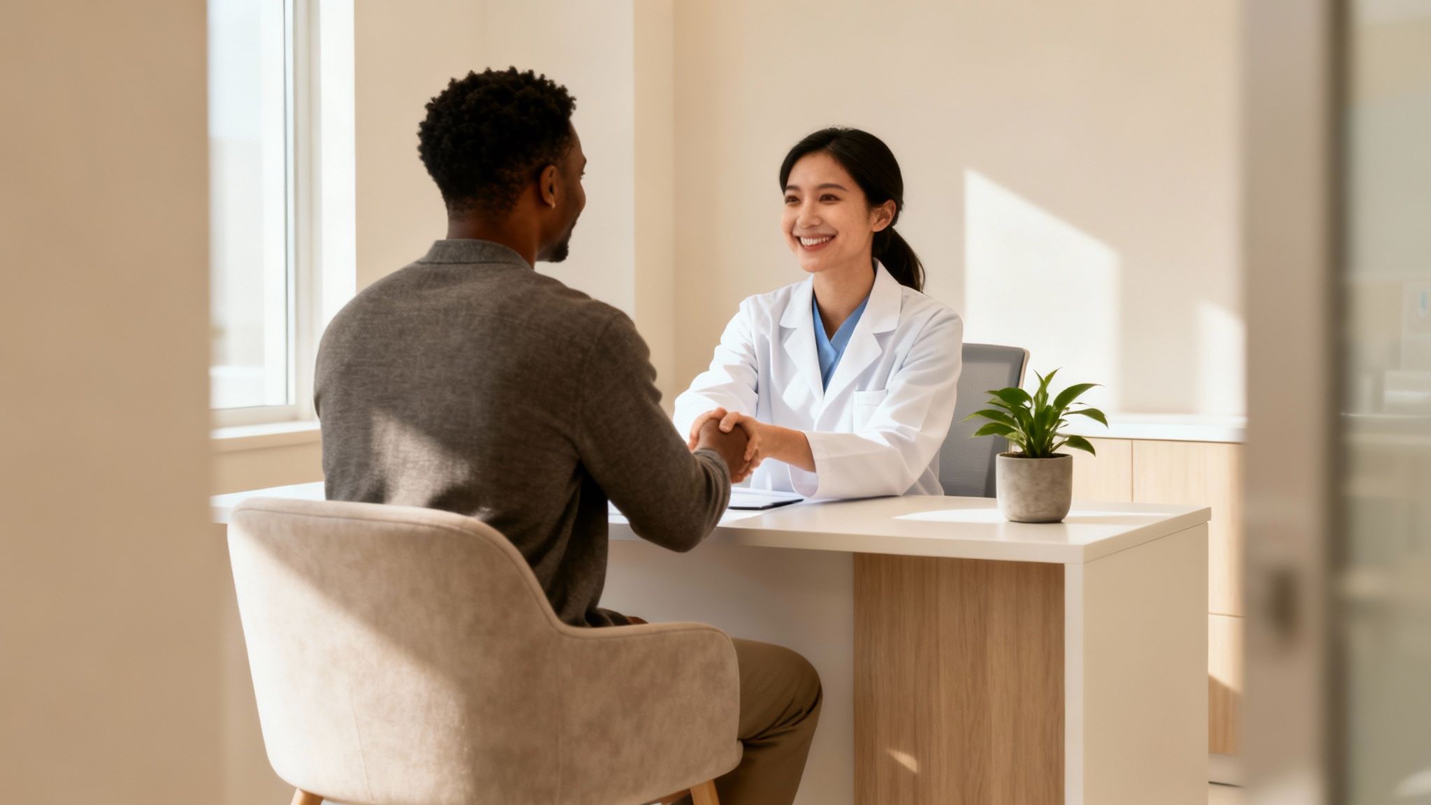 Smiling Asian doctor and Black patient shaking hands across a desk in a clinic.