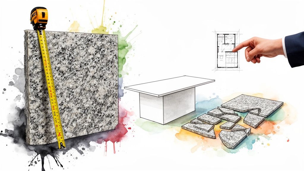 Granite slab measurement, architectural blueprint review, and various stone applications for design and construction.