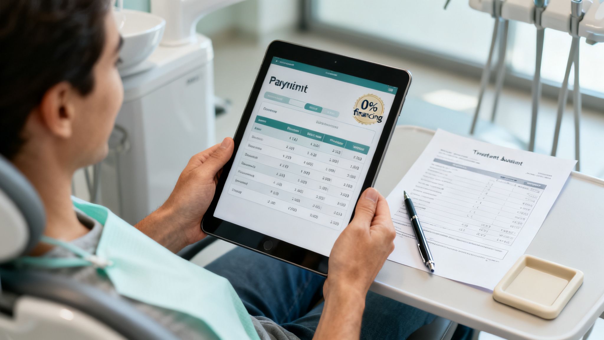 A patient in a dental chair reviews financing options on a tablet and a treatment summary.