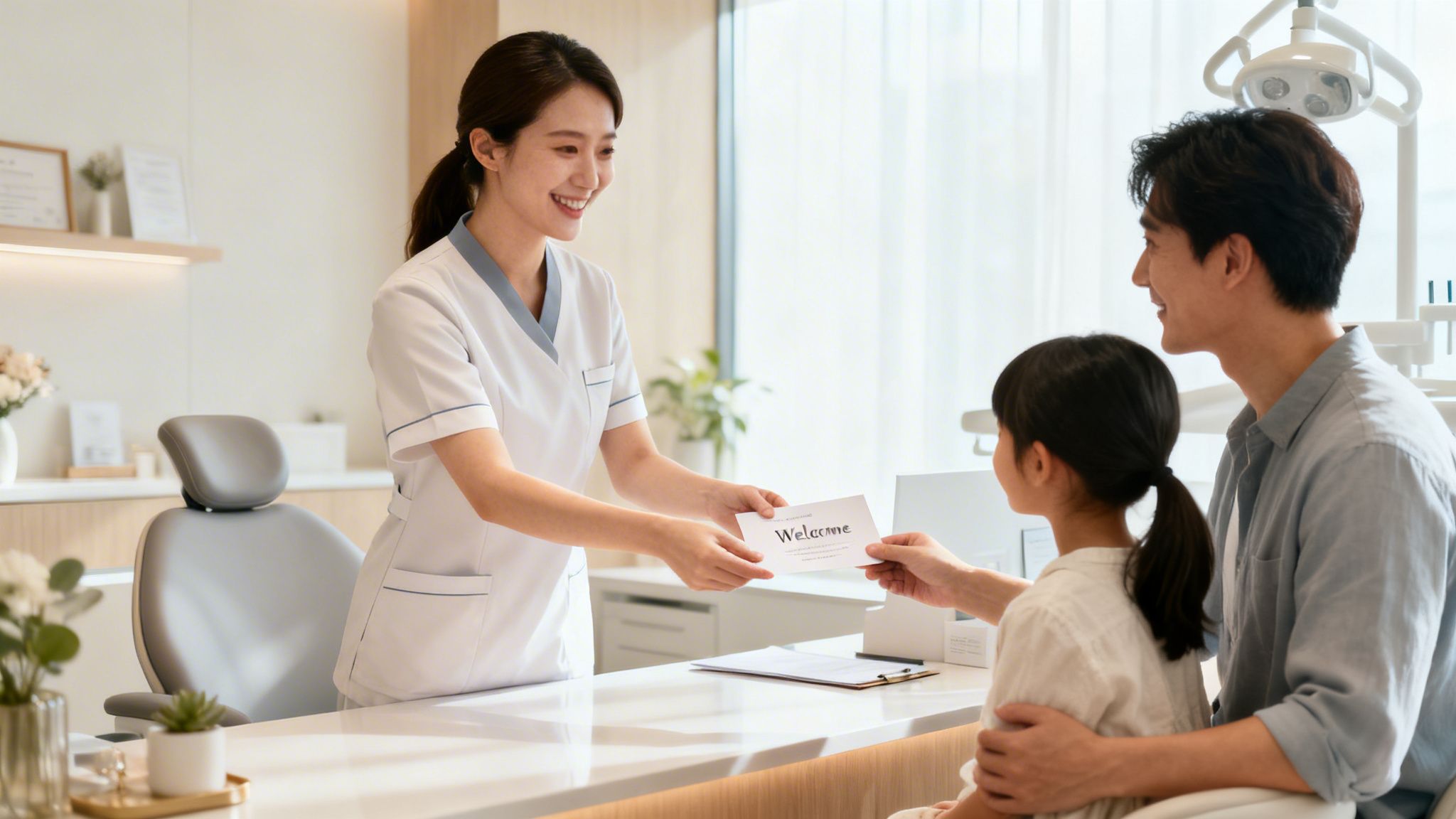 A smiling dental professional hands a welcome card to a young girl and her father in a clinic.