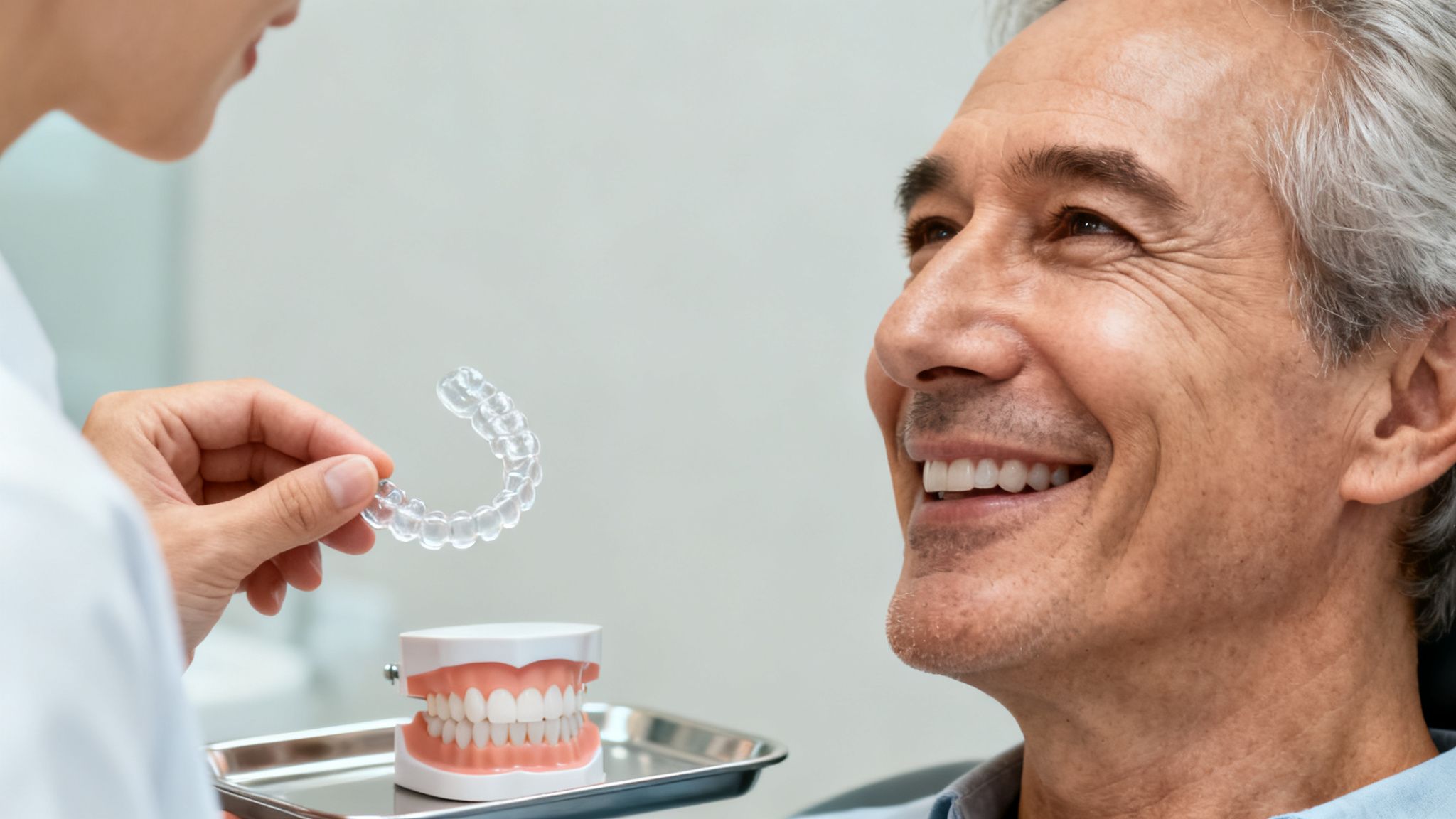A dentist shows a clear aligner to a smiling senior man, with a dental model on a tray.