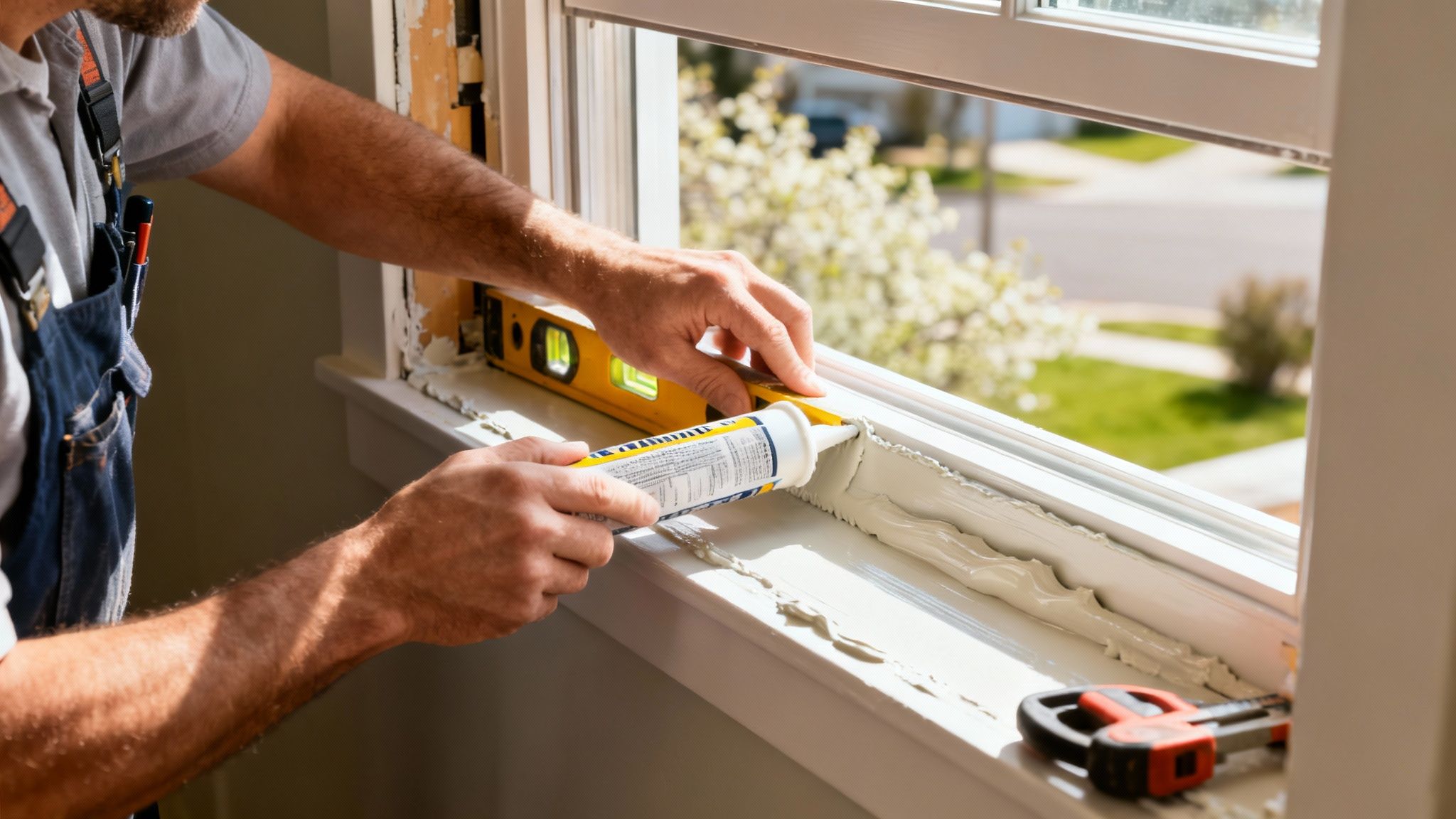 Man in overalls applying caulk around a newly installed window frame, ensuring a tight seal with a level.