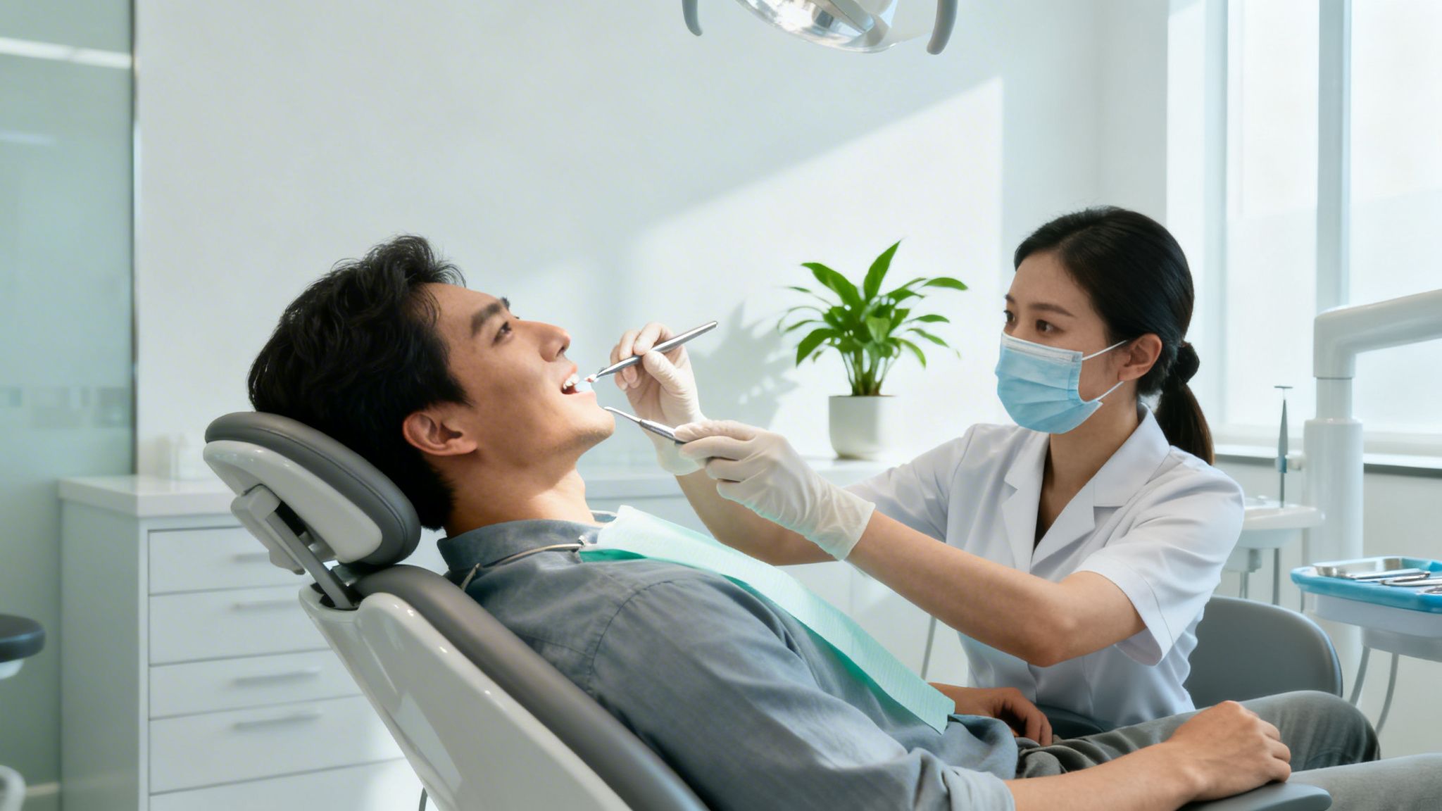 A female dentist in mask and gloves examines a male patient's teeth in a clinic.