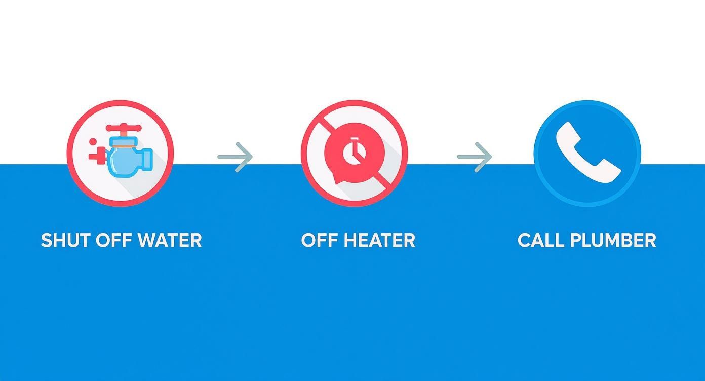 Infographic showing three steps: shut off water, turn off heater, and call a plumber, with icons.
