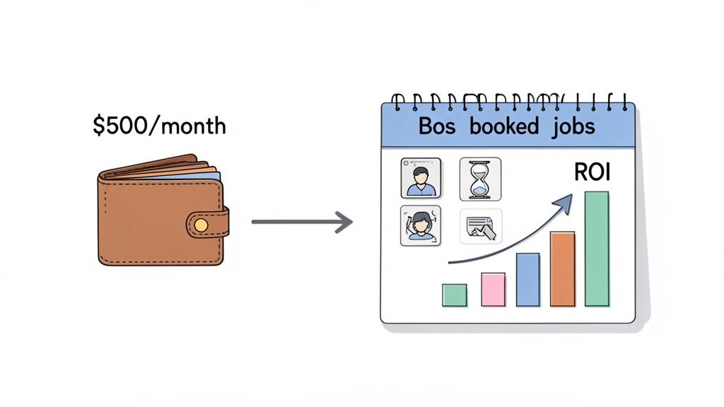 A wallet with '$500/month' on the left, leading to a calendar showing booked jobs and increasing ROI.