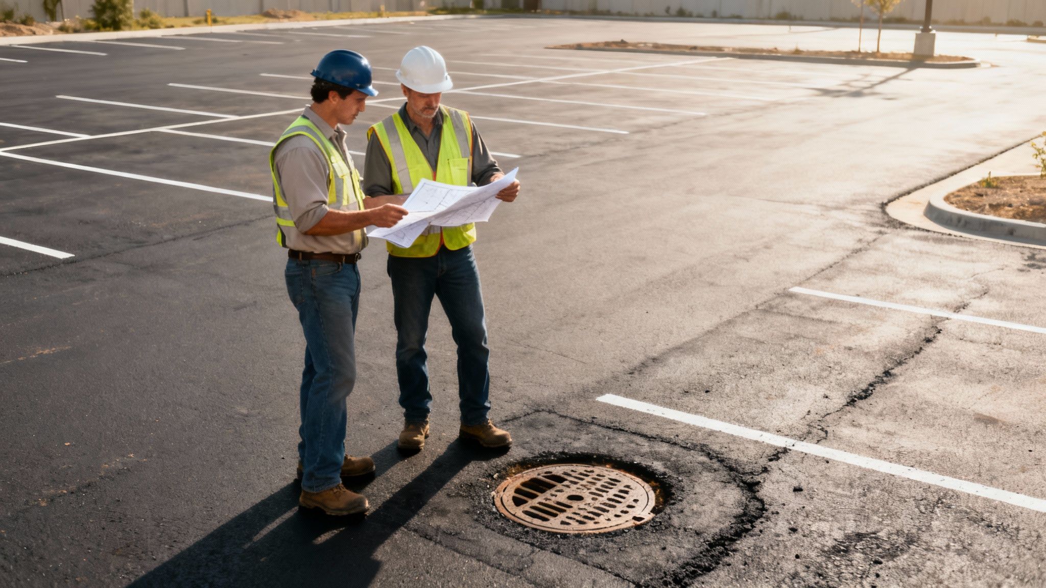 A newly paved asphalt parking lot with clean, white lines, representing a finished, protected surface.