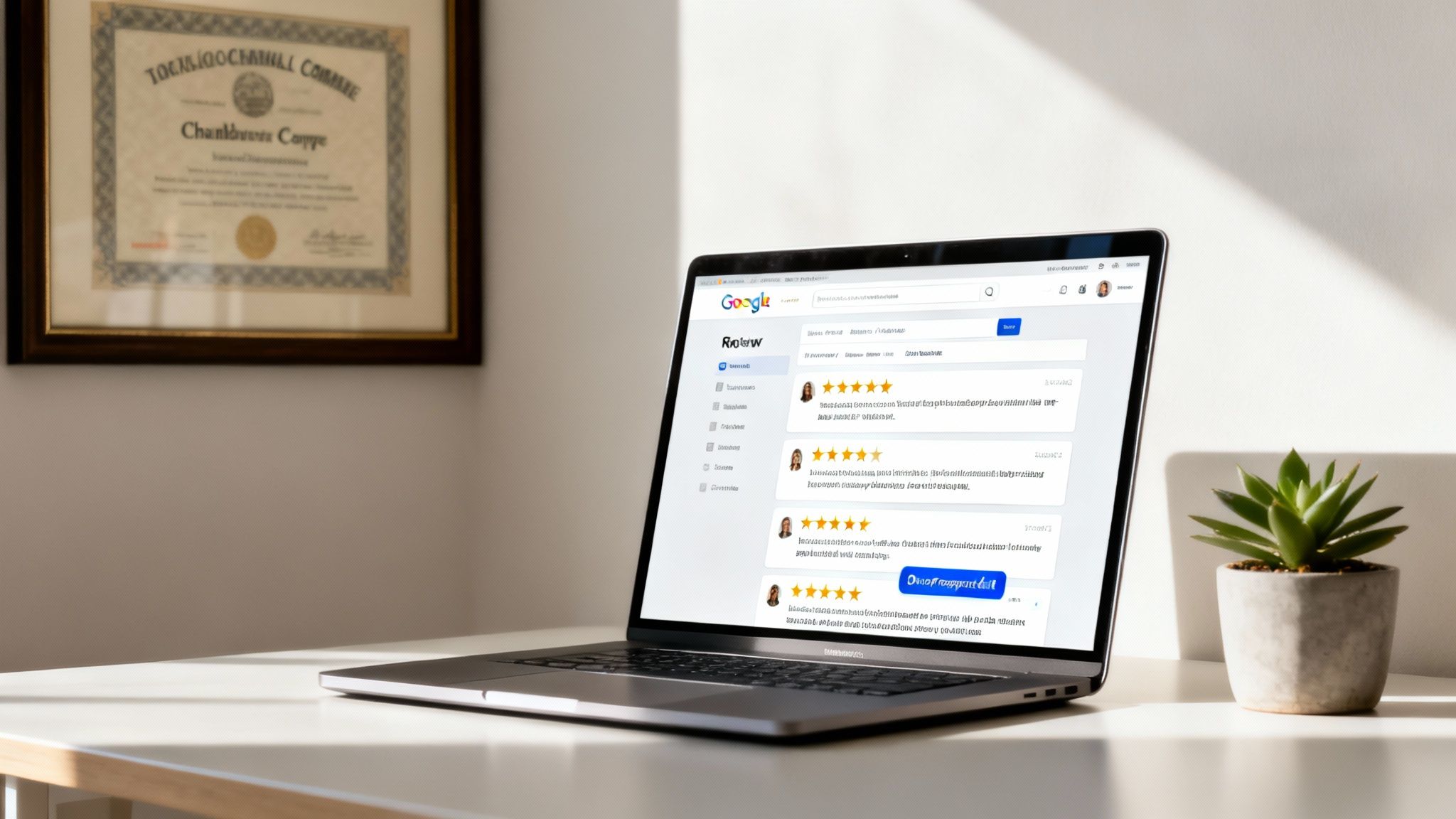 A laptop on a white desk displays Google Reviews, with a framed certificate and a plant nearby.