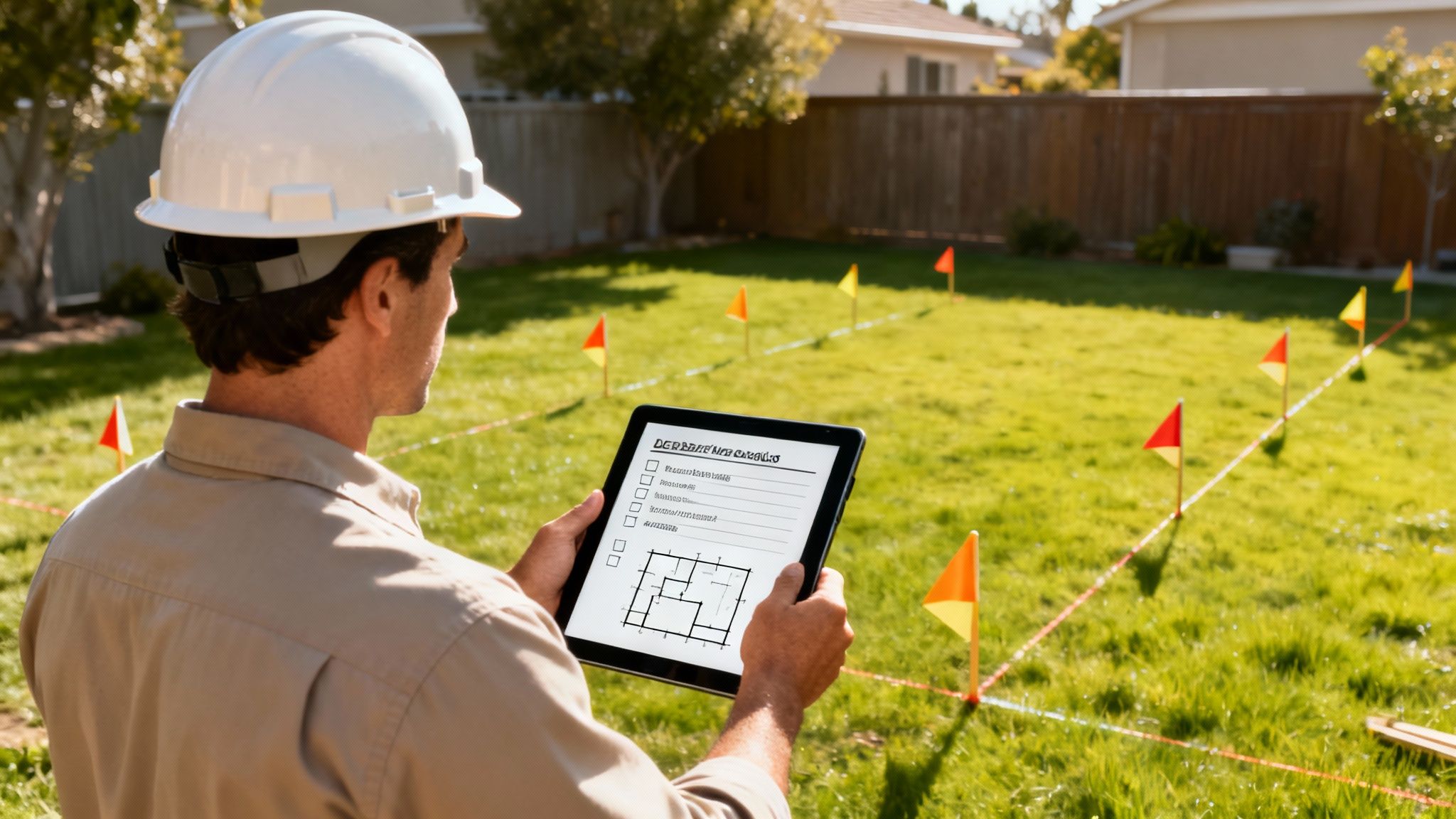 Construction worker reviewing utility layout plans on tablet at marked residential yard