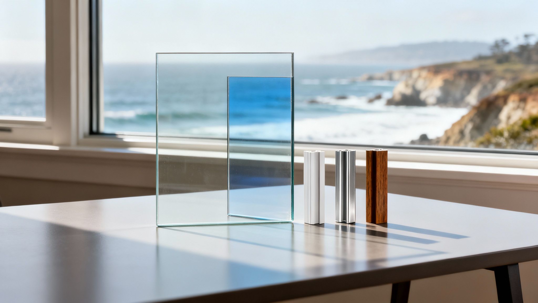 Various glass panels and material samples on a table with an ocean view through a window.