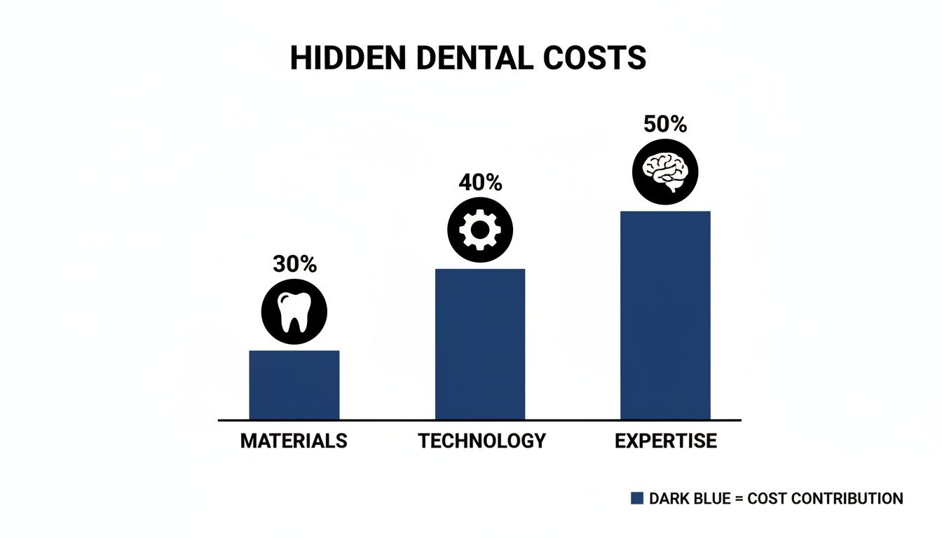Bar chart illustrating hidden dental costs breakdown: materials 30%, technology 40%, expertise 50%.
