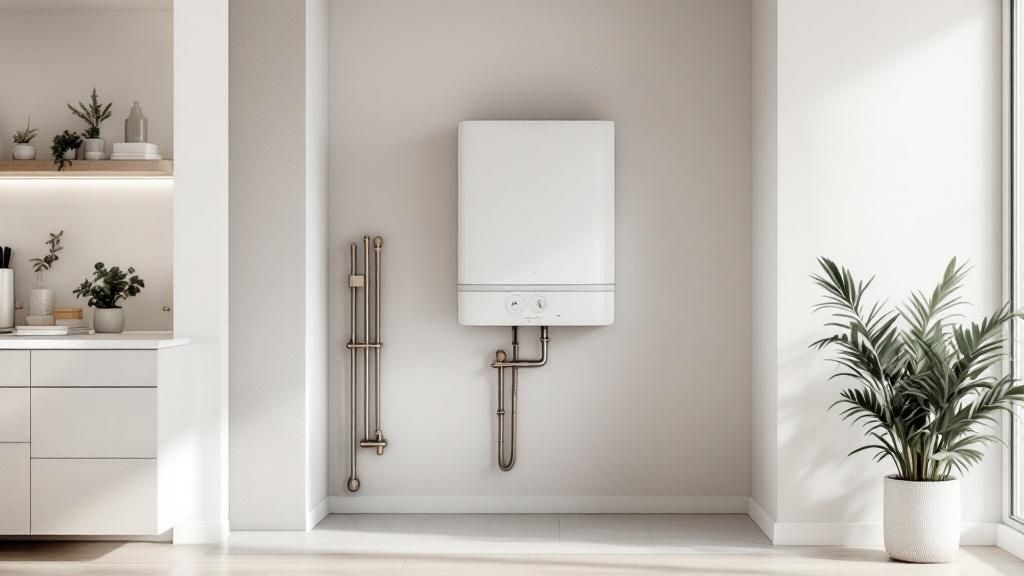 A tankless water heater mounted on a garage wall, showcasing its compact size and the floor space saved underneath.