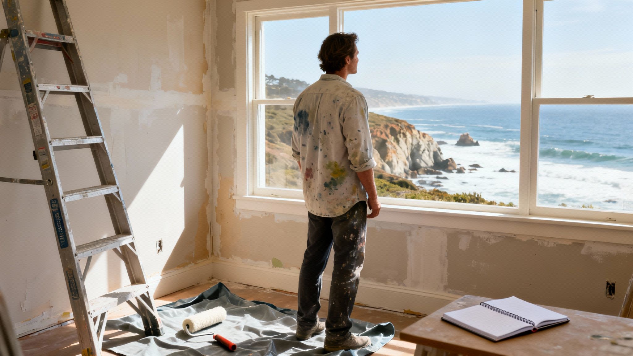 Man in paint-splattered clothes gazes at the ocean from a room being renovated, with a ladder and paint roller nearby.