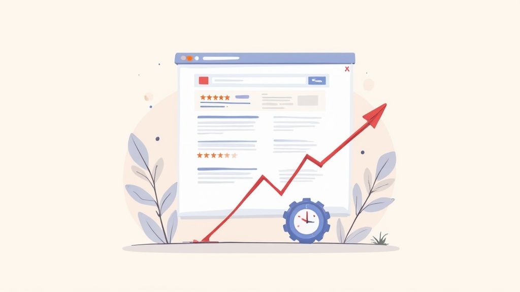 Illustration of a browser showing online reviews, star ratings, and an upward trend arrow, symbolizing improved SEO and efficiency.