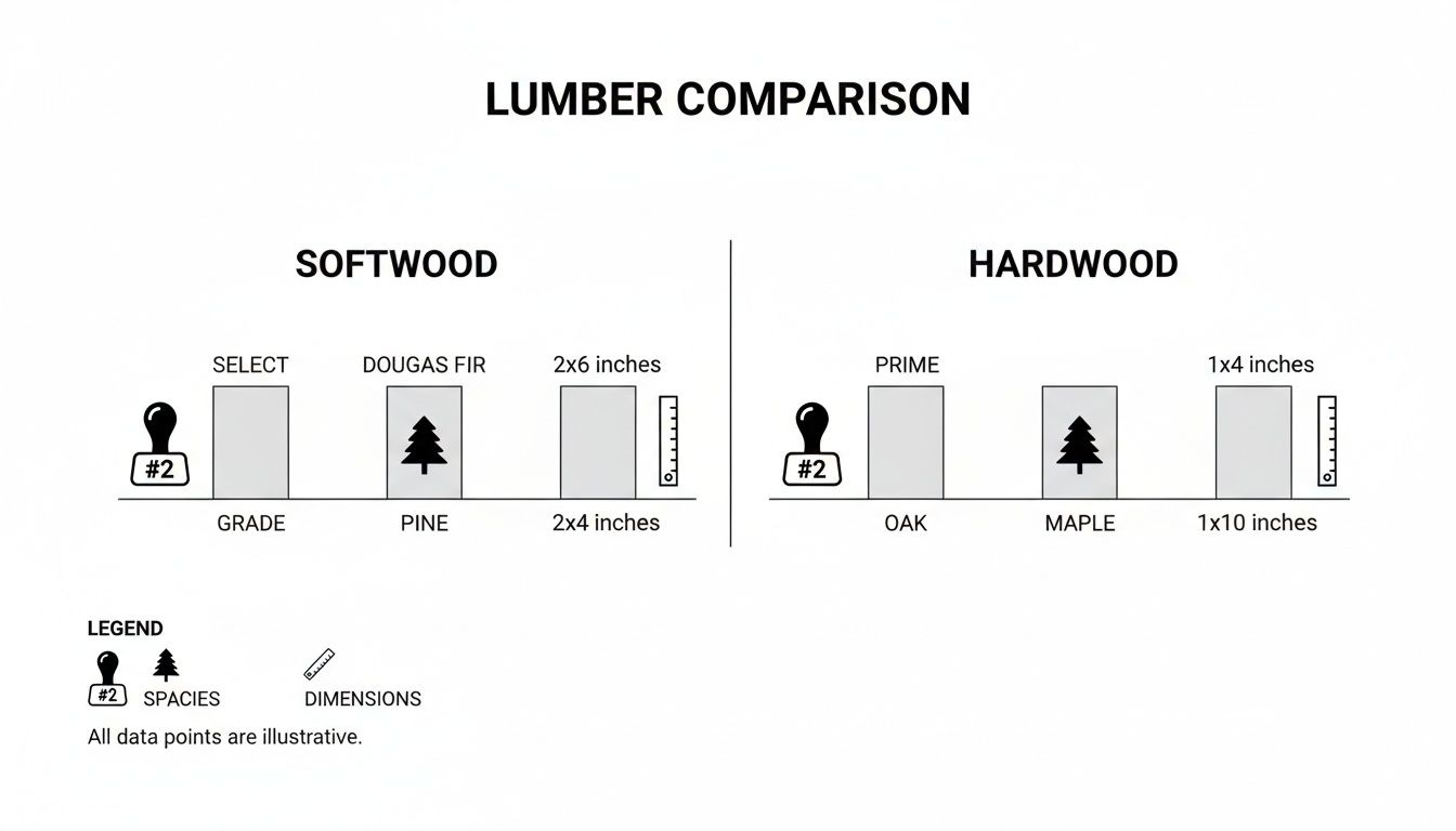 A lumber comparison chart detailing softwood and hardwood categories with grades, species, and dimensions.