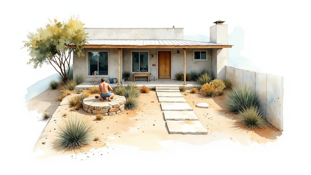 Watercolor illustration of a desert house with a man working in the dry landscape garden.