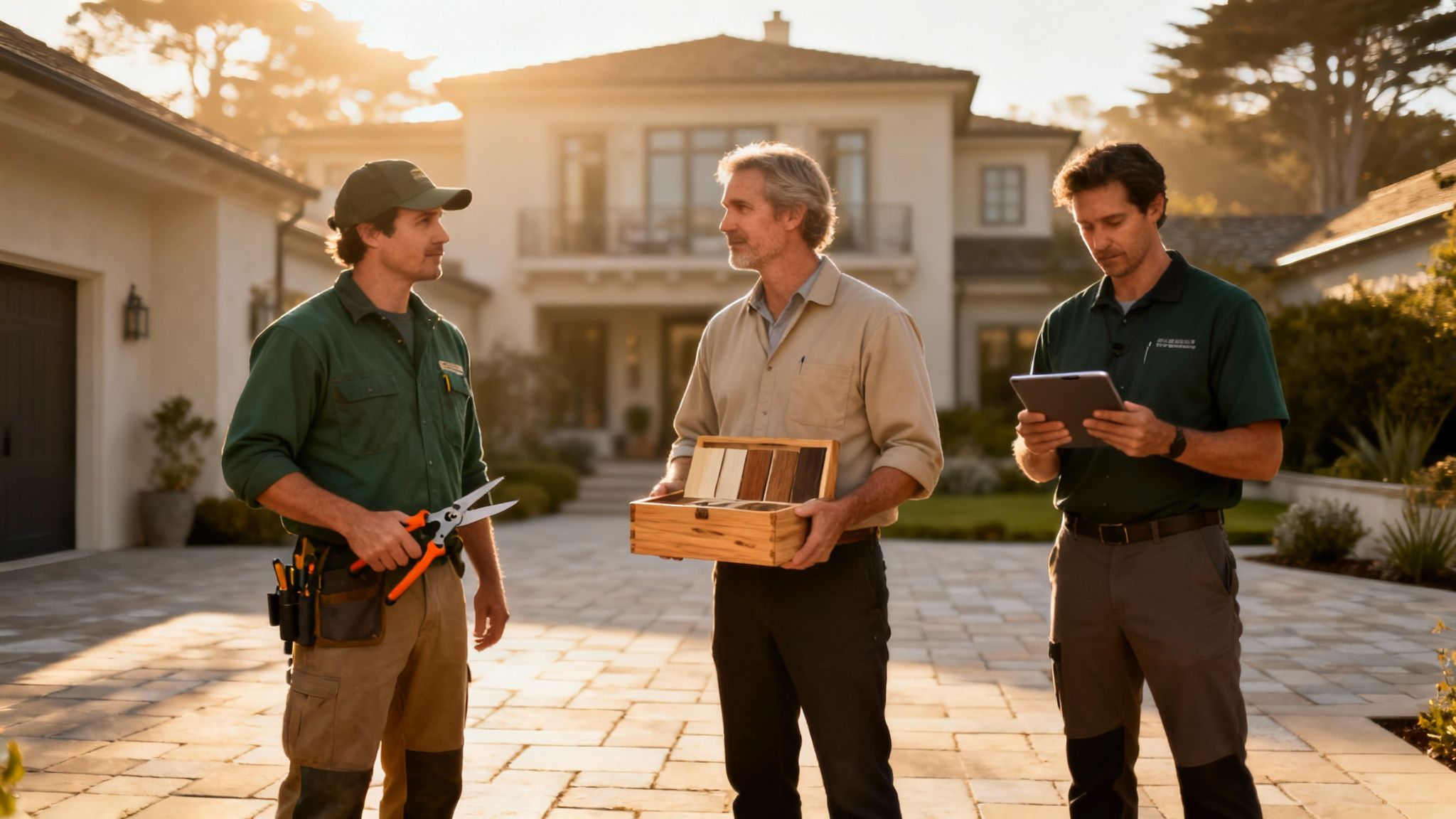 Team of professionals consults on luxury estate landscaping and design with material samples and a tablet.