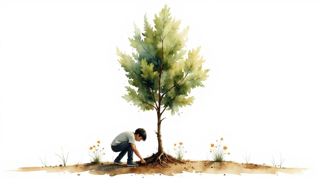 A child gently tending to the roots of a young, green tree in a watercolor style.