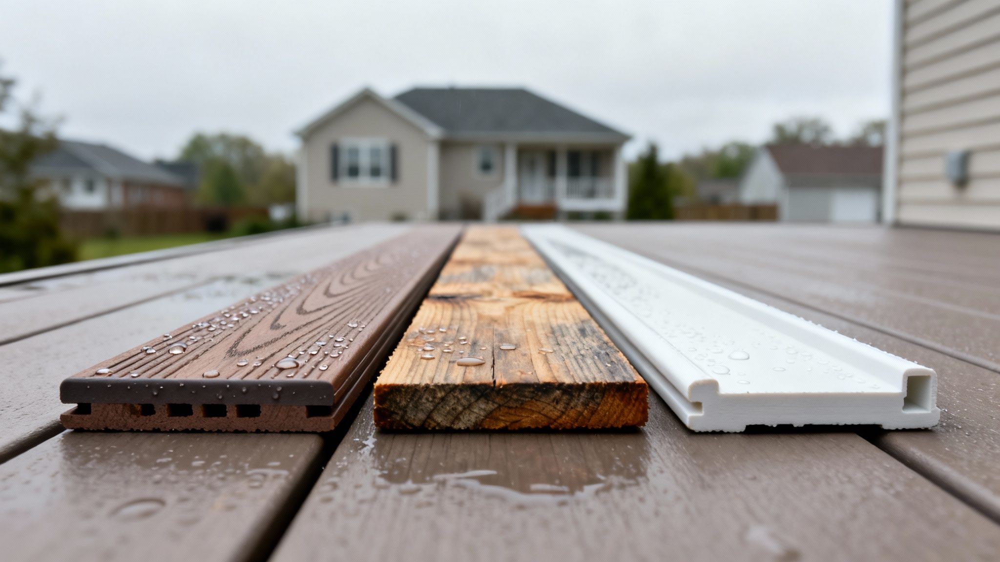Three wet decking material samples (composite, wood, PVC) on a deck with a house in background.
