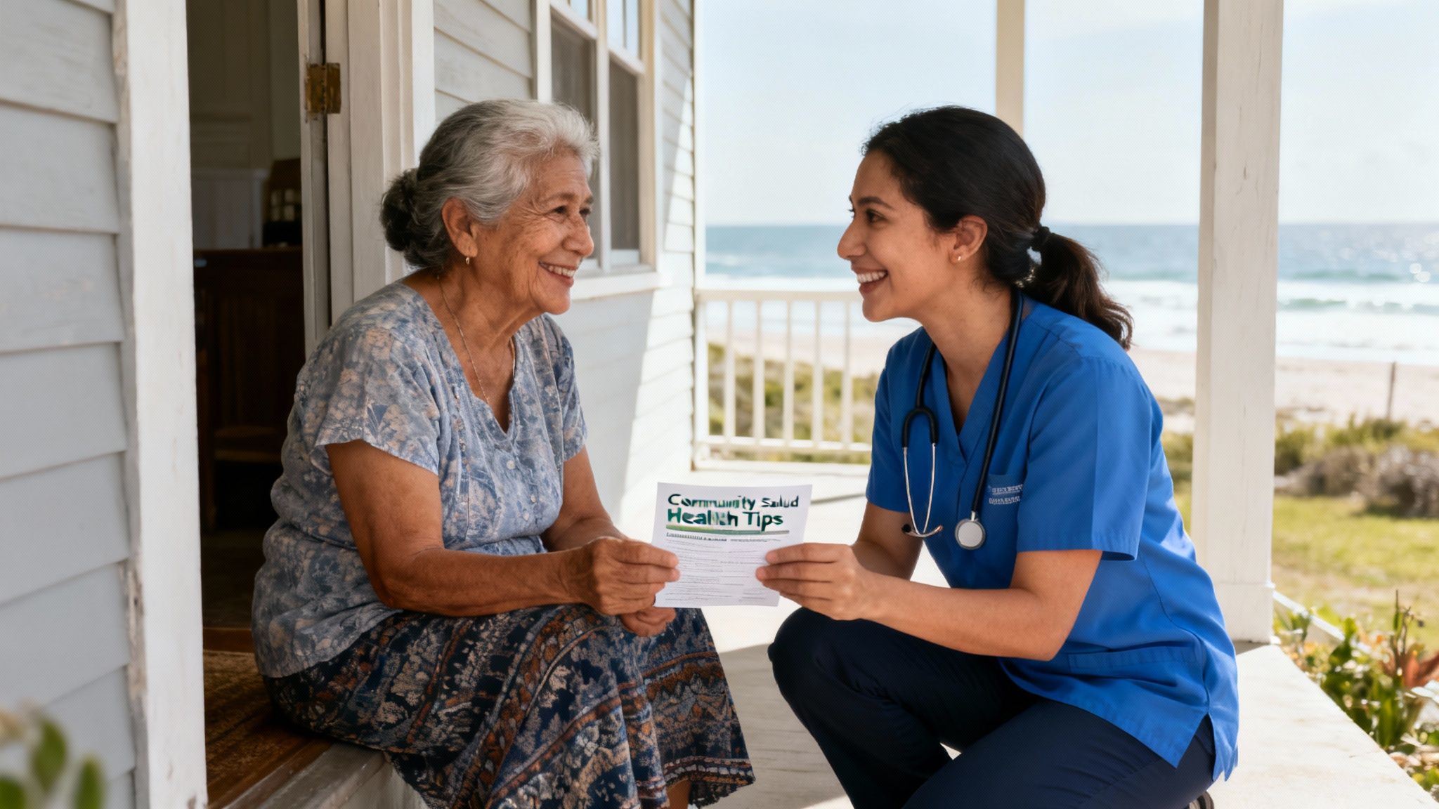 A smiling healthcare worker shares community health tips with an elderly woman on a porch by the ocean.