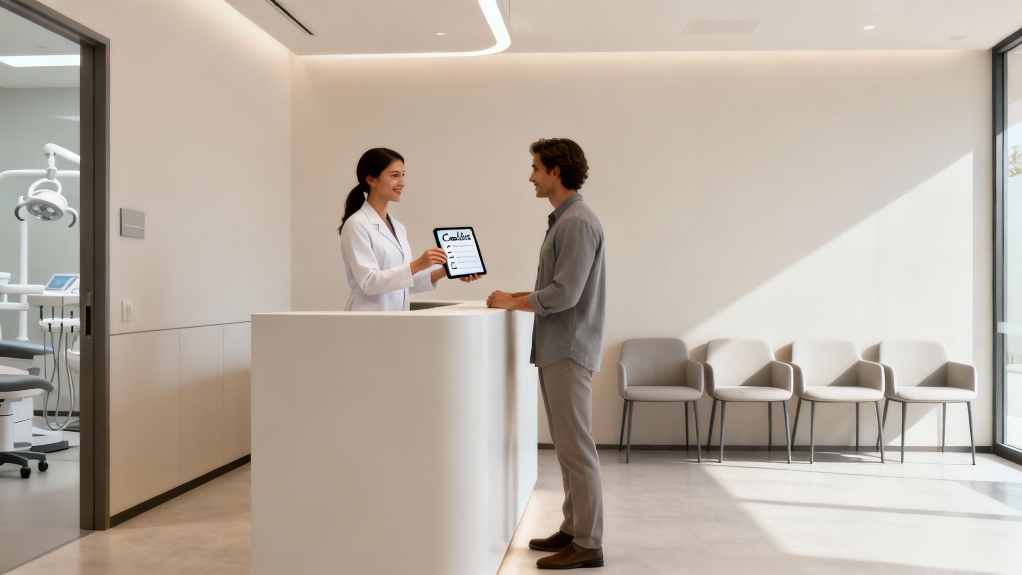 Dental professional consulting with patient at modern reception desk in Glendale clinic