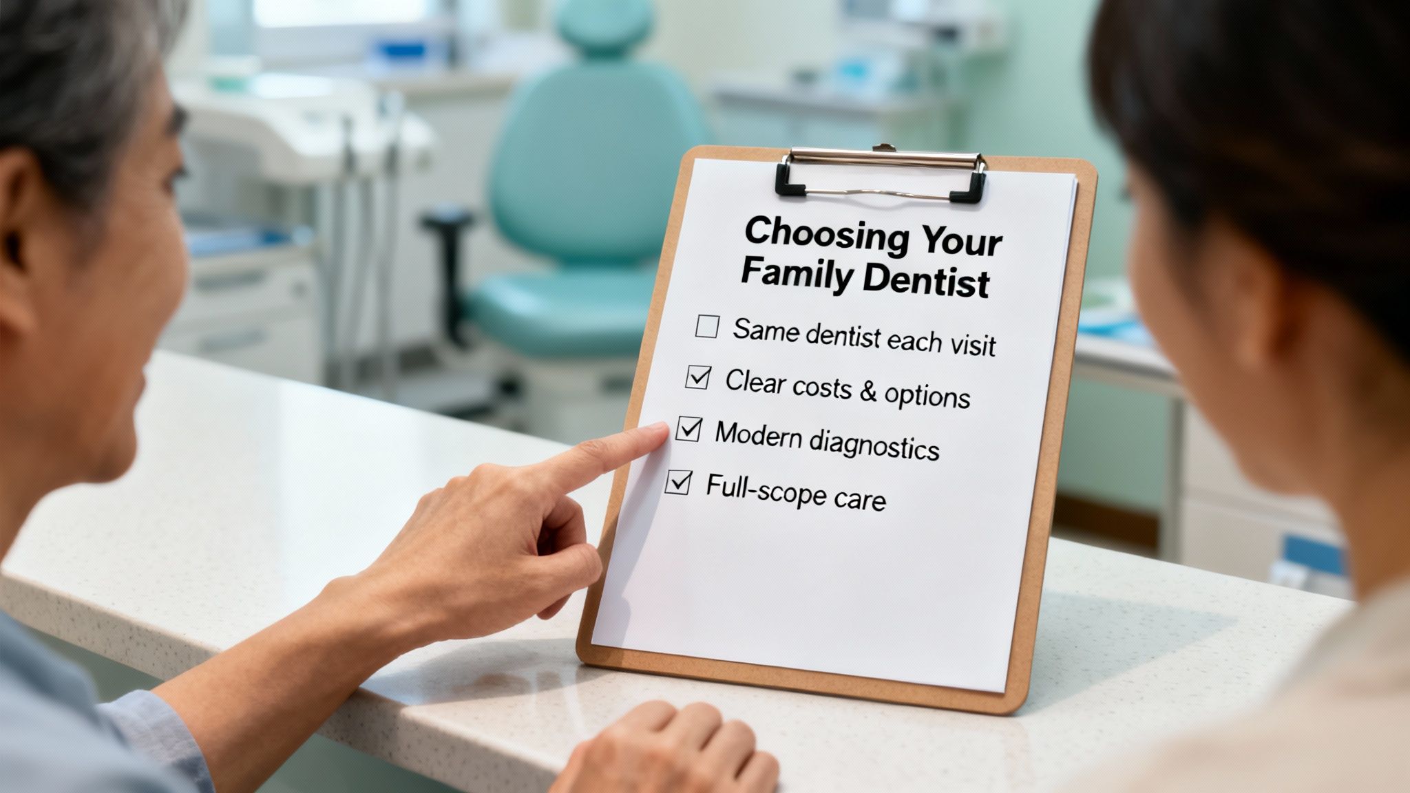 An older person points to a checklist on a clipboard about choosing a family dentist.