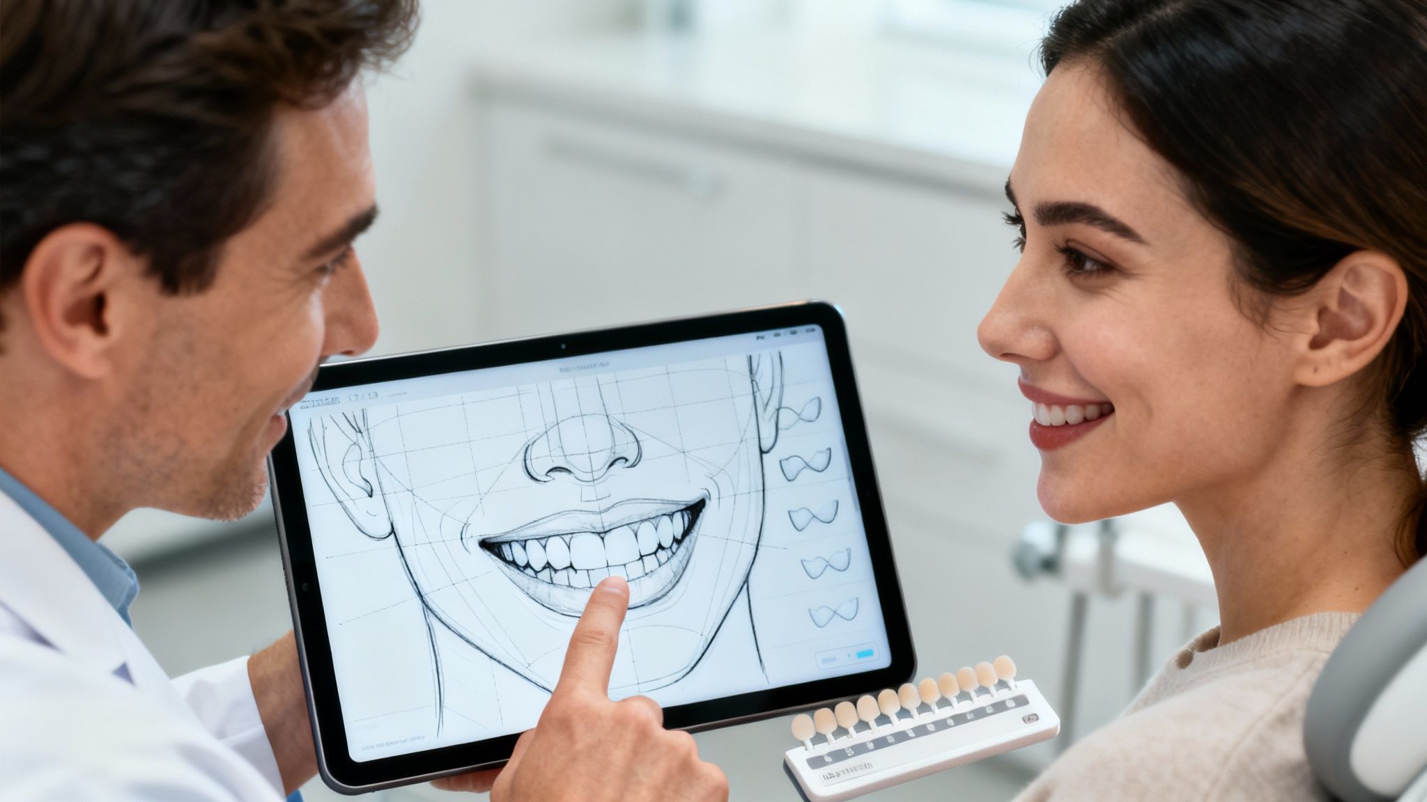 Dentist showing a patient a digital smile design on a tablet, discussing cosmetic dental work.