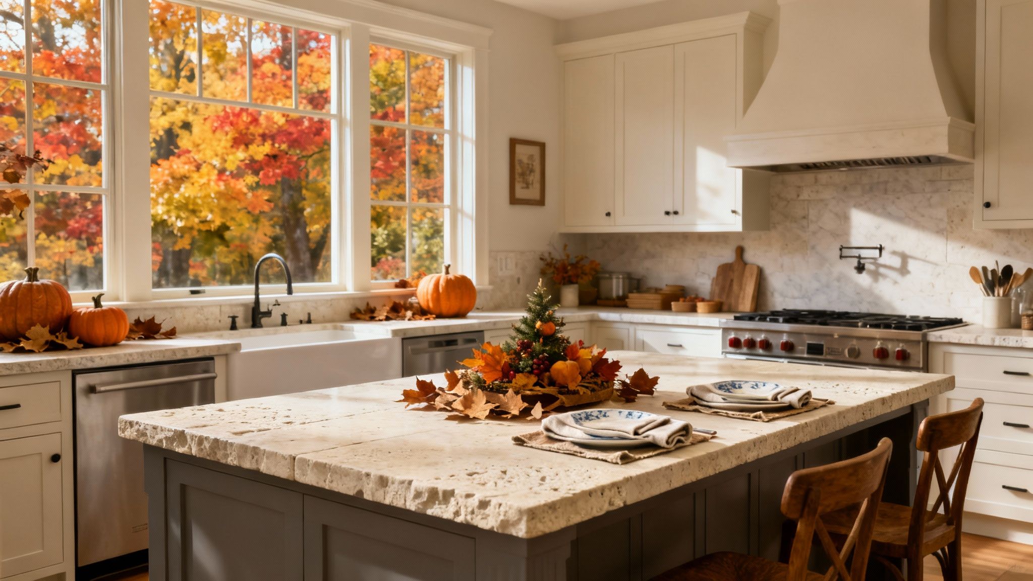 A luxurious, modern kitchen featuring limestone countertops and an island, perfectly renovated for holiday gatherings.